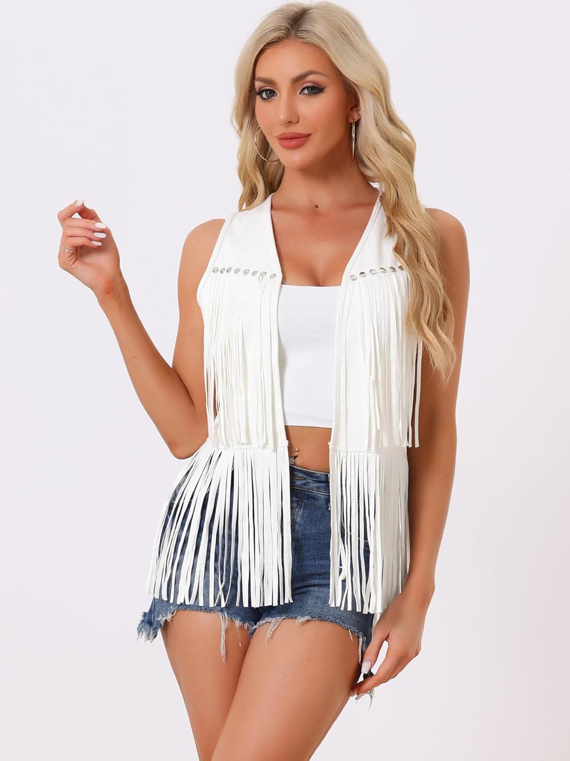 imageAllegra K Womens Fringe Vest Open Front Western 70s Outfits Faux Suede Tassel CardiganWhite
