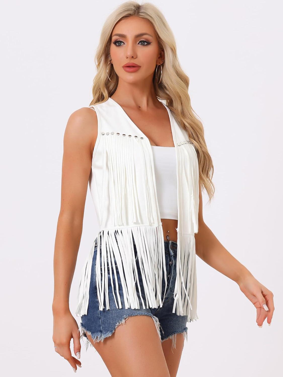 imageAllegra K Womens Fringe Vest Open Front Western 70s Outfits Faux Suede Tassel CardiganWhite