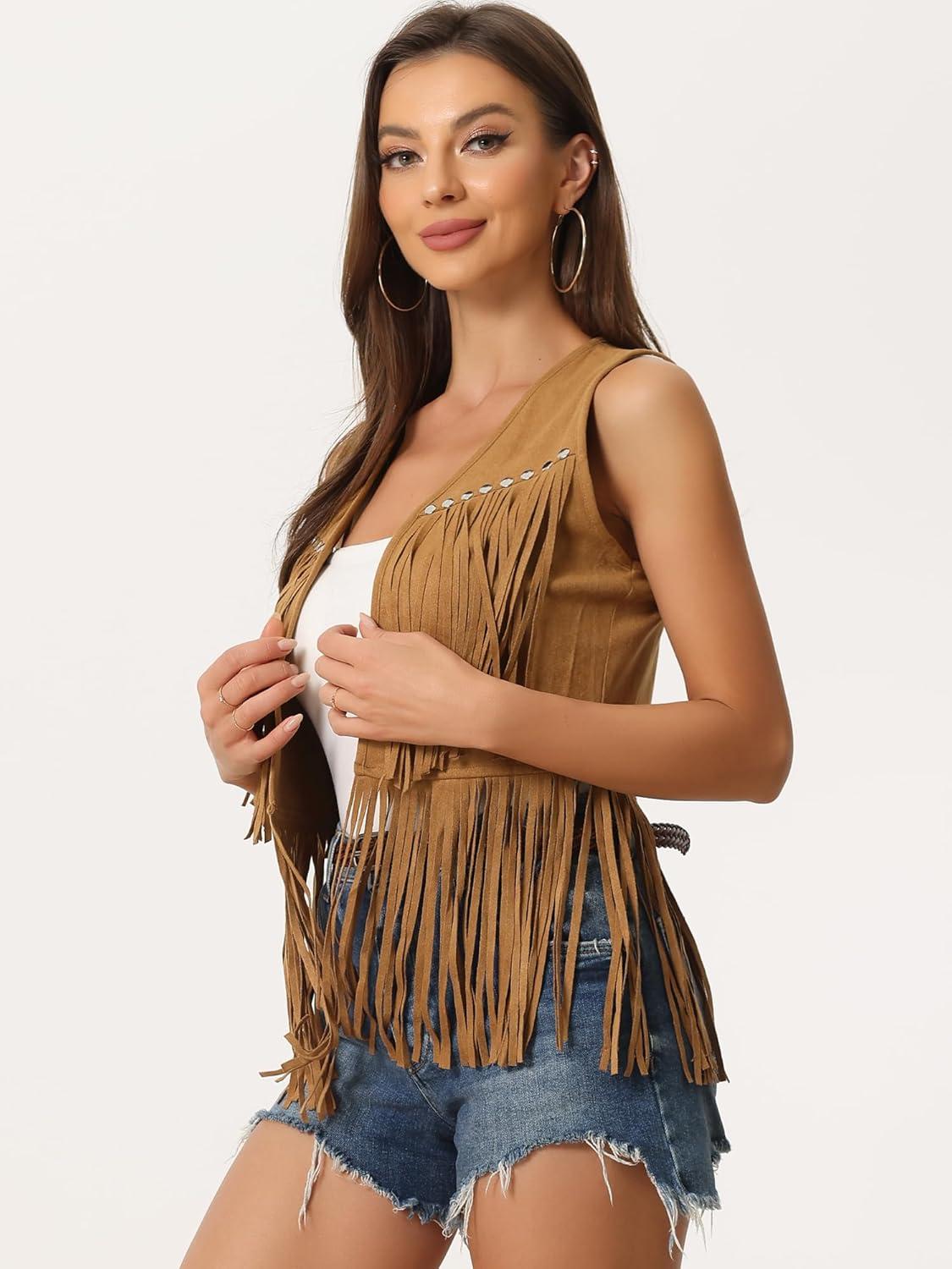 imageAllegra K Womens Fringe Vest Open Front Western 70s Outfits Faux Suede Tassel CardiganYellow