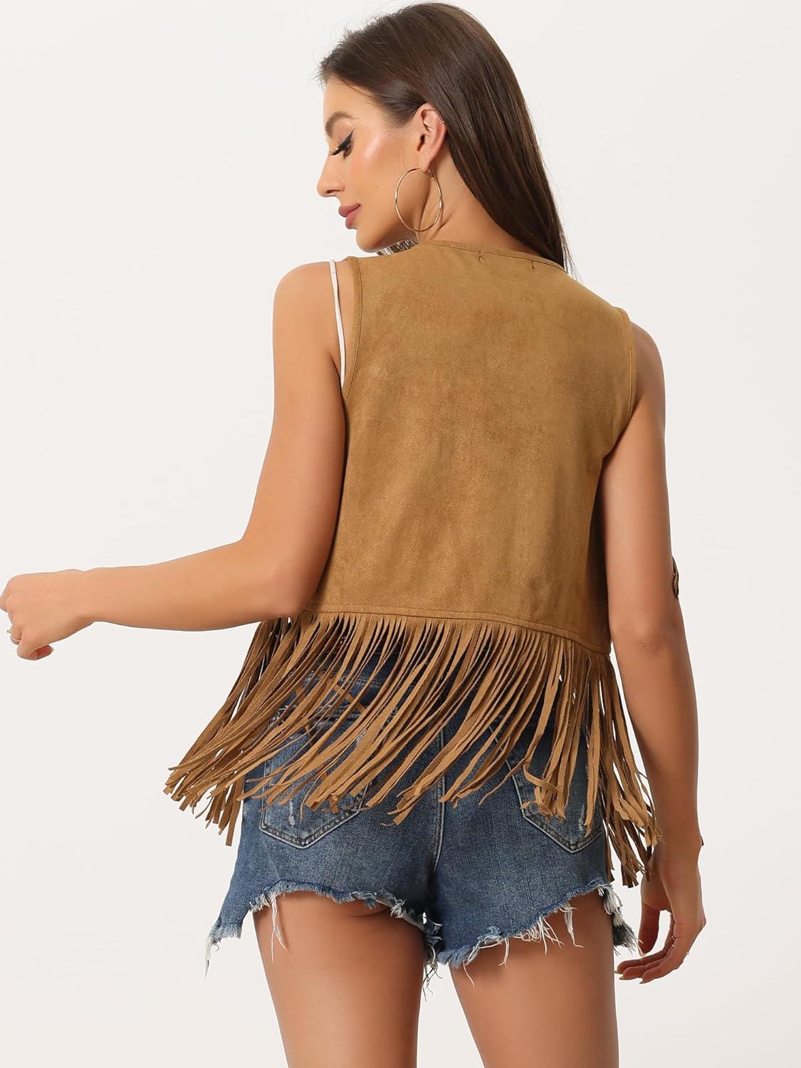 imageAllegra K Womens Fringe Vest Open Front Western 70s Outfits Faux Suede Tassel CardiganYellow