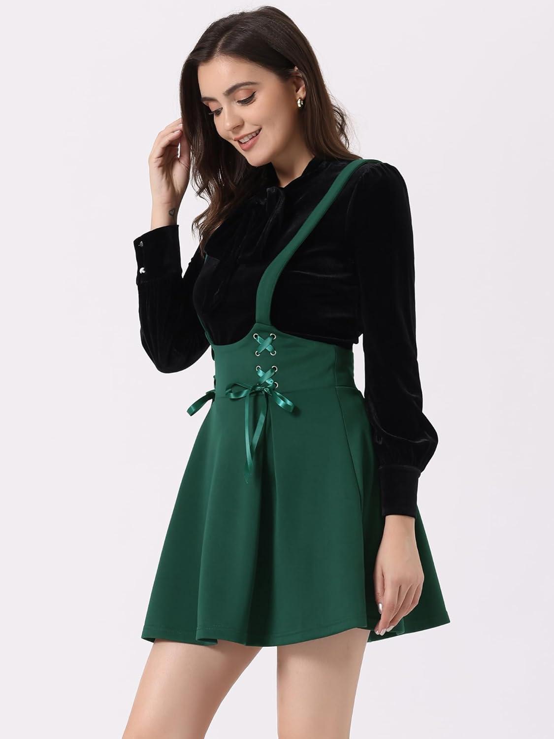 imageAllegra K Womens High Waist Brace Skirts ALine Mini Lace Up Suspender SkirtDark Green