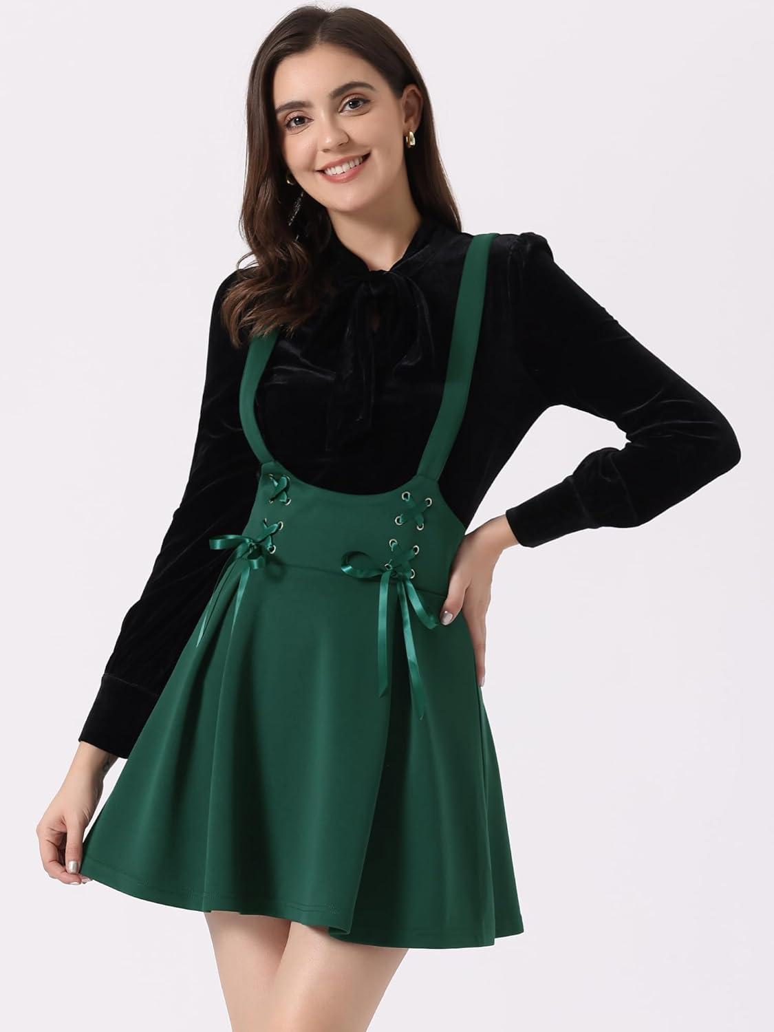 imageAllegra K Womens High Waist Brace Skirts ALine Mini Lace Up Suspender SkirtDark Green