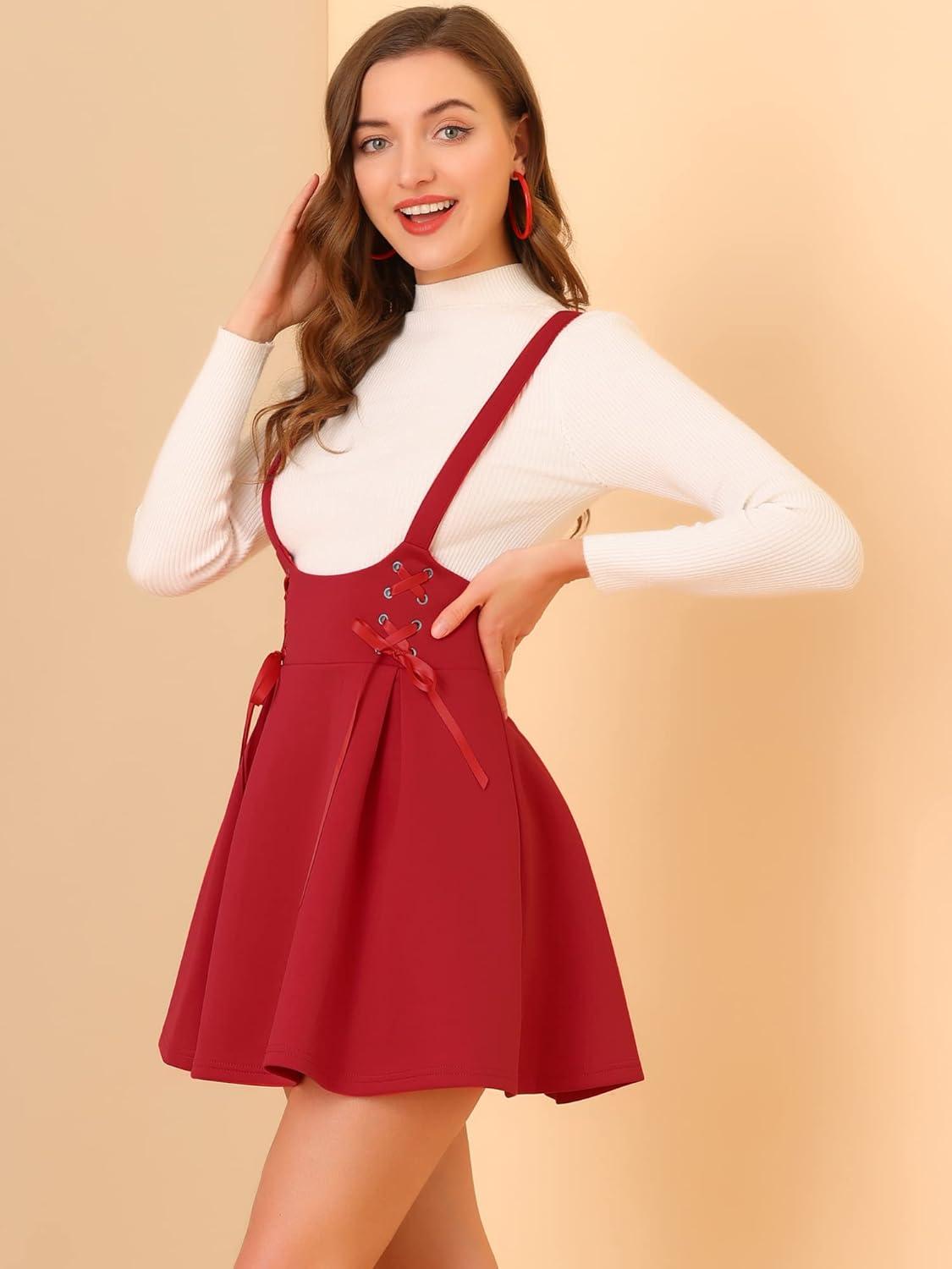imageAllegra K Womens High Waist Brace Skirts ALine Mini Lace Up Suspender SkirtRed