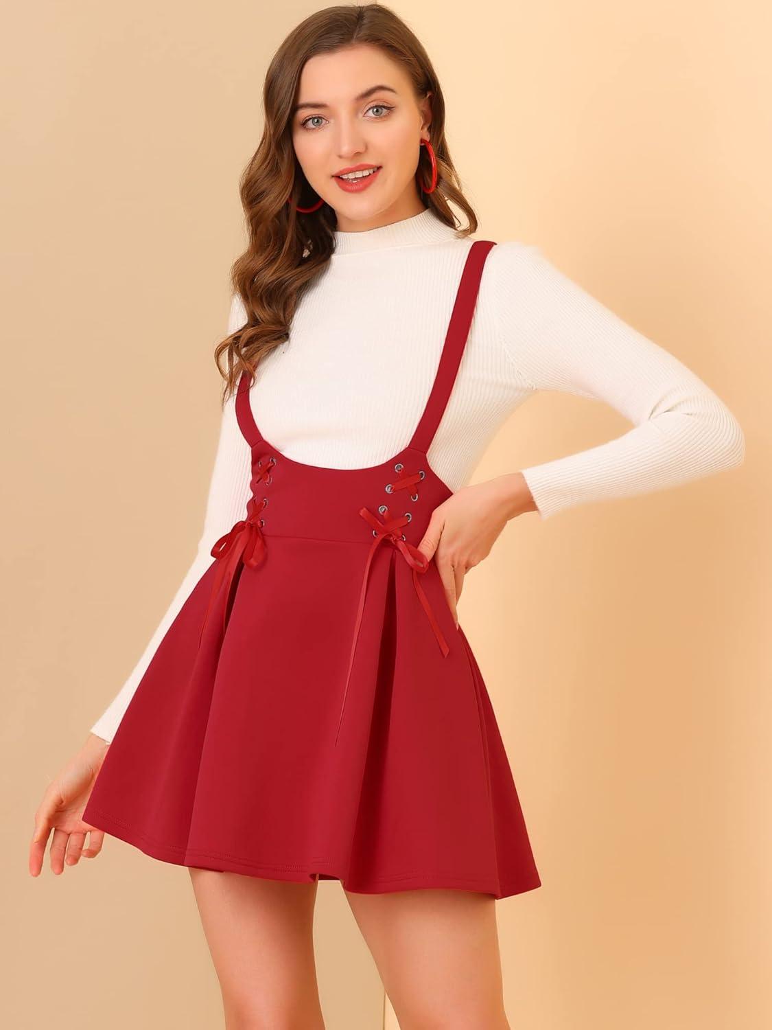 imageAllegra K Womens High Waist Brace Skirts ALine Mini Lace Up Suspender SkirtRed