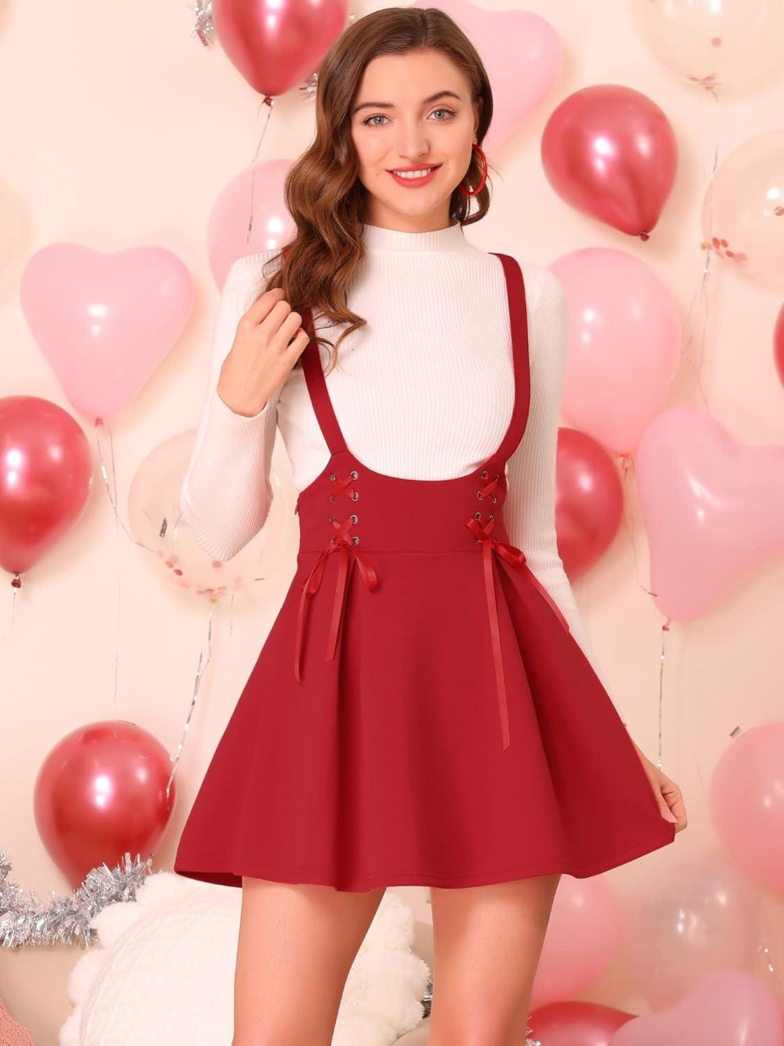 imageAllegra K Womens High Waist Brace Skirts ALine Mini Lace Up Suspender SkirtRed