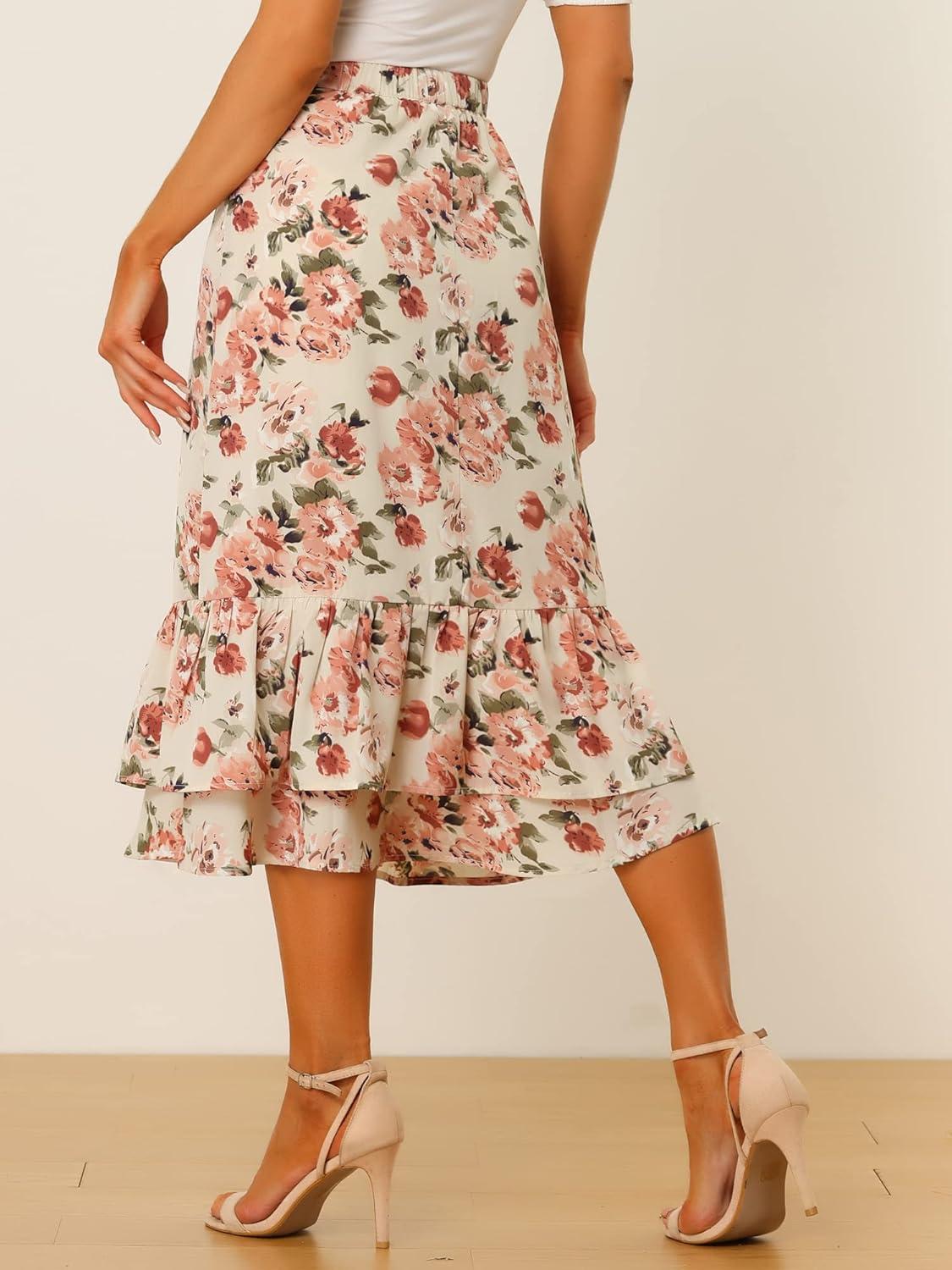 imageAllegra K Womens Printed Skirt 2025 Weekend Trendy Summer Chiffon Ruffle Tiered Flowy Midi SkirtsBeige Pinkfloral