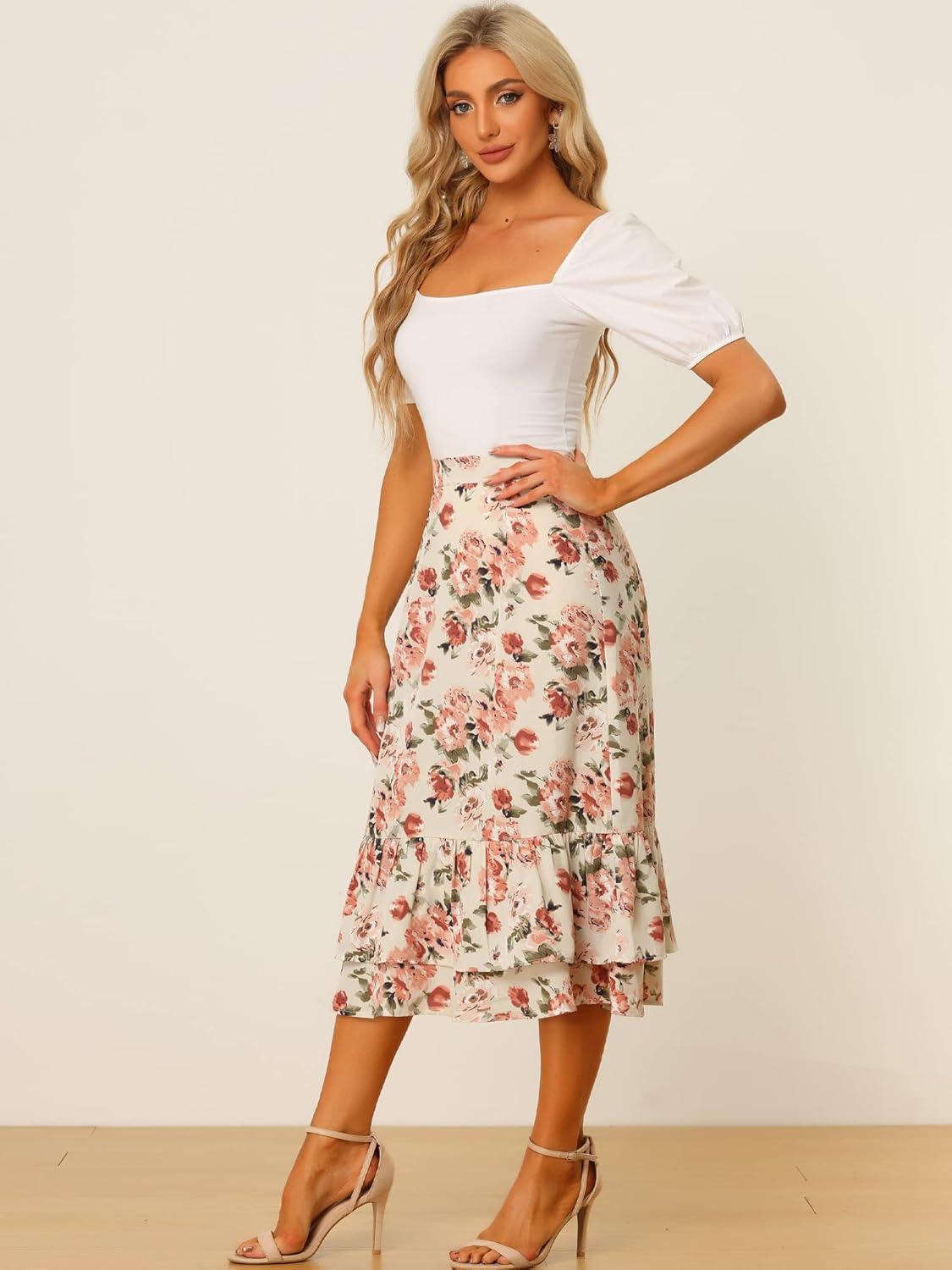 imageAllegra K Womens Printed Skirt 2025 Weekend Trendy Summer Chiffon Ruffle Tiered Flowy Midi SkirtsBeige Pinkfloral