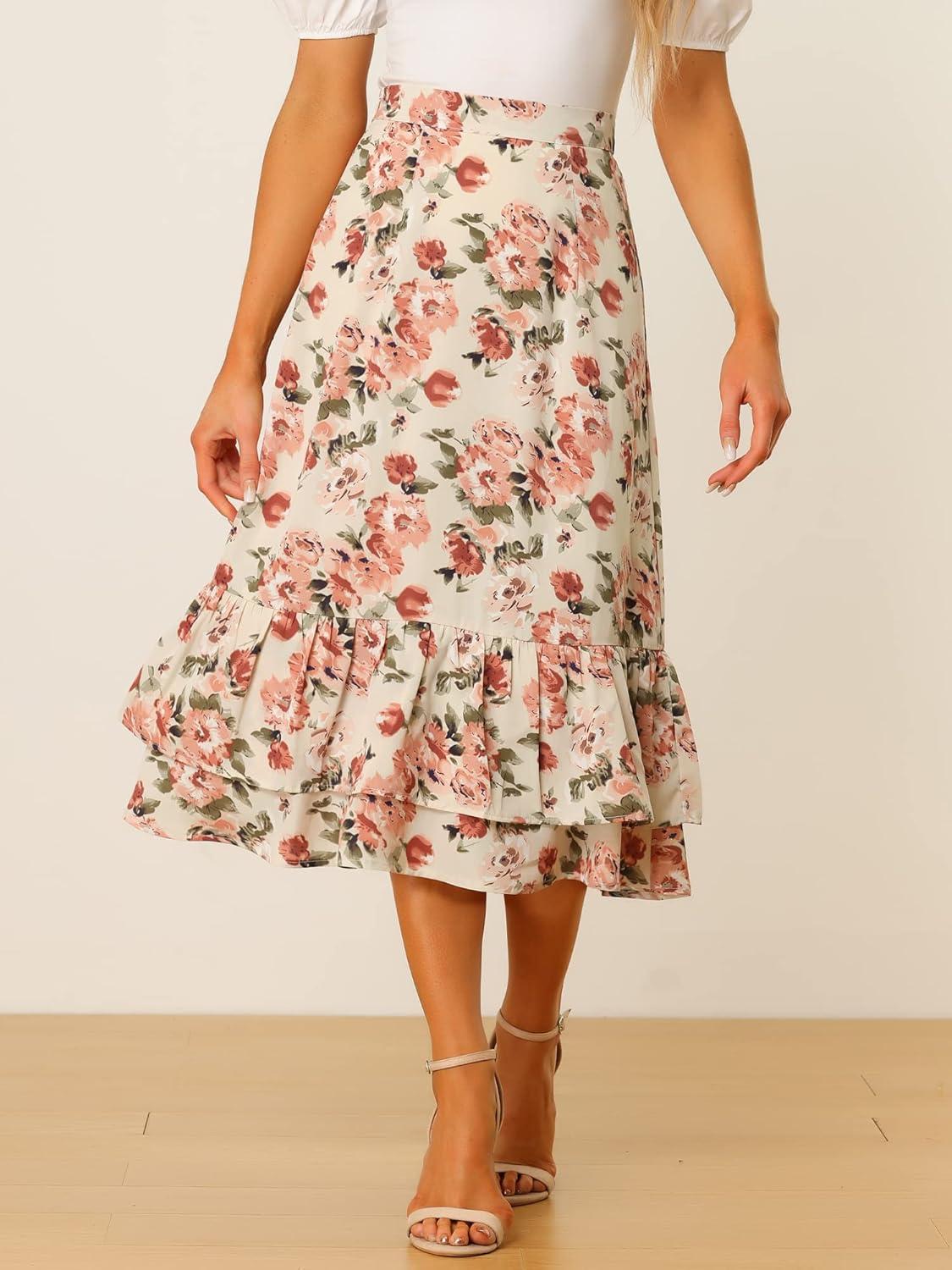 imageAllegra K Womens Printed Skirt 2025 Weekend Trendy Summer Chiffon Ruffle Tiered Flowy Midi SkirtsBeige Pinkfloral
