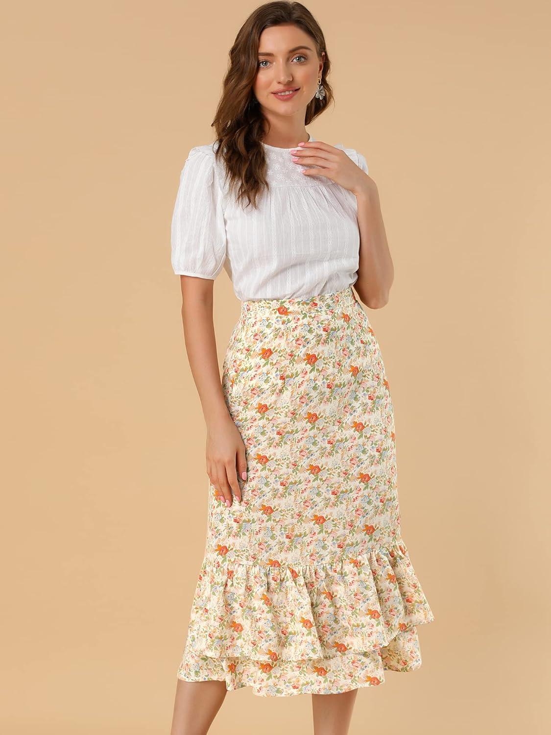 imageAllegra K Womens Printed Skirt 2025 Weekend Trendy Summer Chiffon Ruffle Tiered Flowy Midi SkirtsBeigefloral