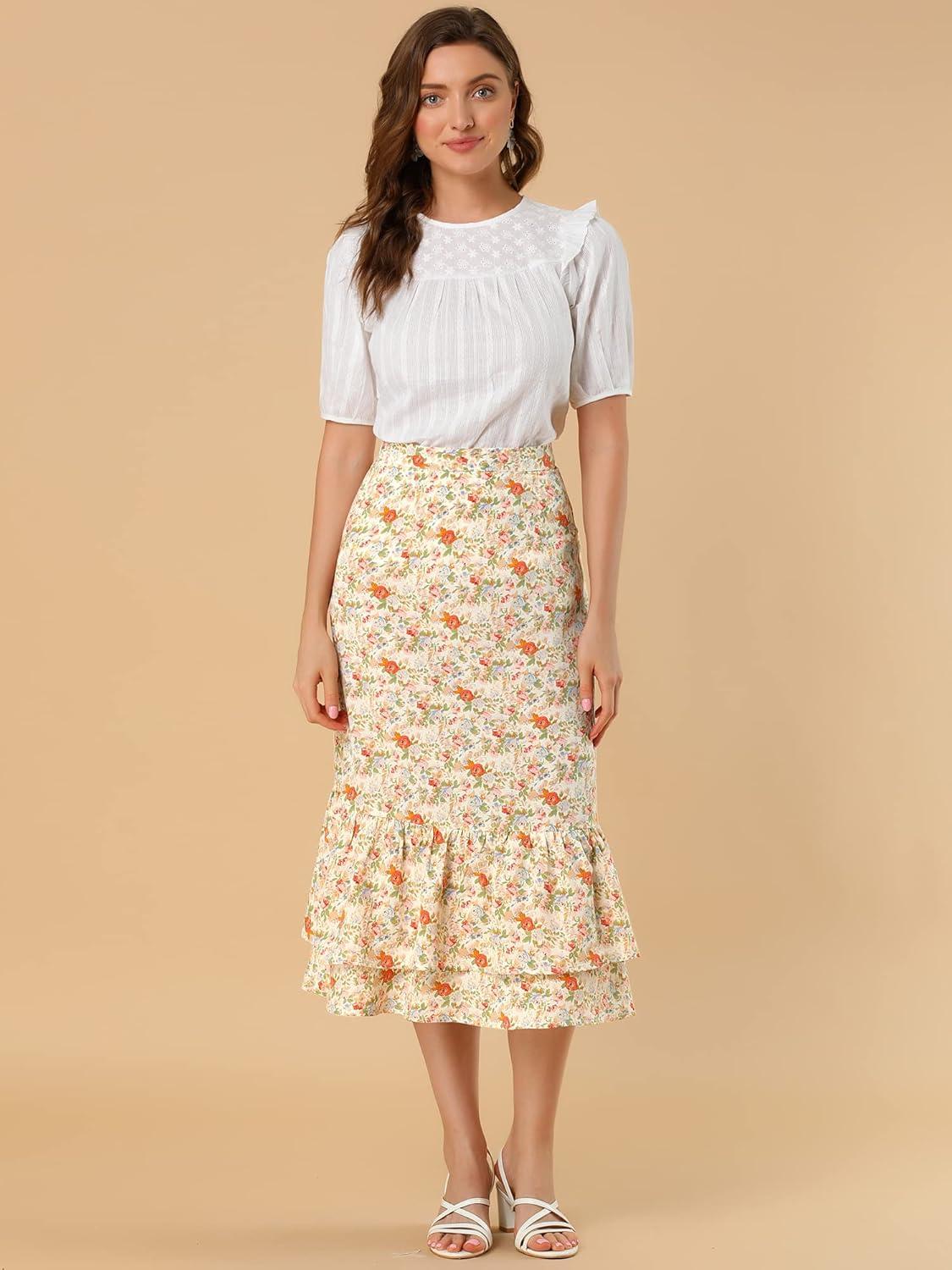 imageAllegra K Womens Printed Skirt 2025 Weekend Trendy Summer Chiffon Ruffle Tiered Flowy Midi SkirtsBeigefloral