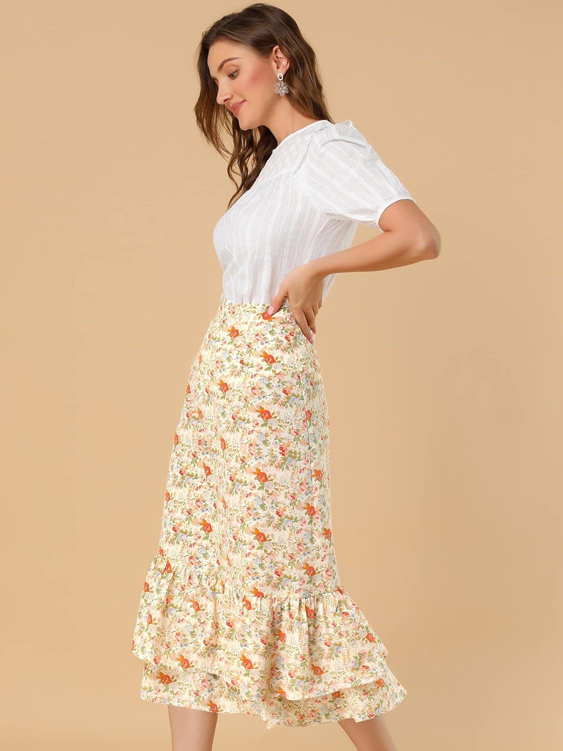 imageAllegra K Womens Printed Skirt 2025 Weekend Trendy Summer Chiffon Ruffle Tiered Flowy Midi SkirtsBeigefloral