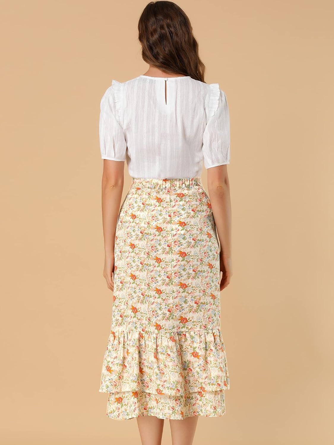 imageAllegra K Womens Printed Skirt 2025 Weekend Trendy Summer Chiffon Ruffle Tiered Flowy Midi SkirtsBeigefloral