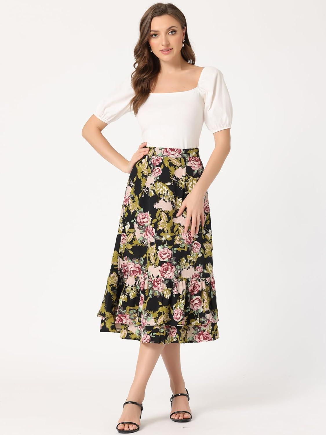 imageAllegra K Womens Printed Skirt 2025 Weekend Trendy Summer Chiffon Ruffle Tiered Flowy Midi SkirtsBlack Pinkfloral