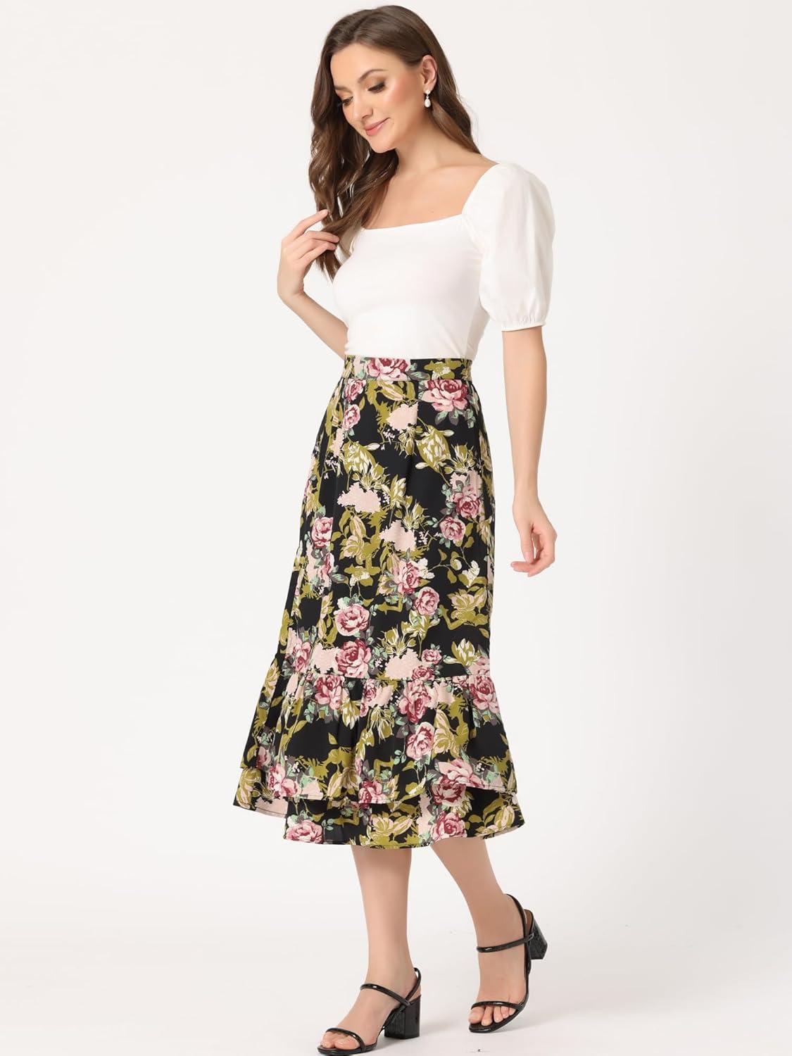 imageAllegra K Womens Printed Skirt 2025 Weekend Trendy Summer Chiffon Ruffle Tiered Flowy Midi SkirtsBlack Pinkfloral