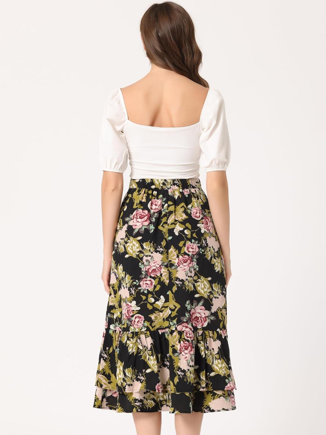 imageAllegra K Womens Printed Skirt 2025 Weekend Trendy Summer Chiffon Ruffle Tiered Flowy Midi SkirtsBlack Pinkfloral
