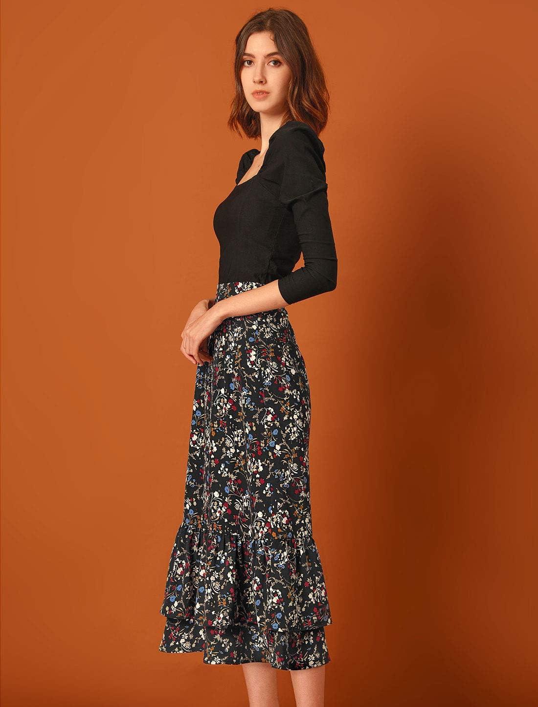 imageAllegra K Womens Printed Skirt 2025 Weekend Trendy Summer Chiffon Ruffle Tiered Flowy Midi SkirtsBlackfloral