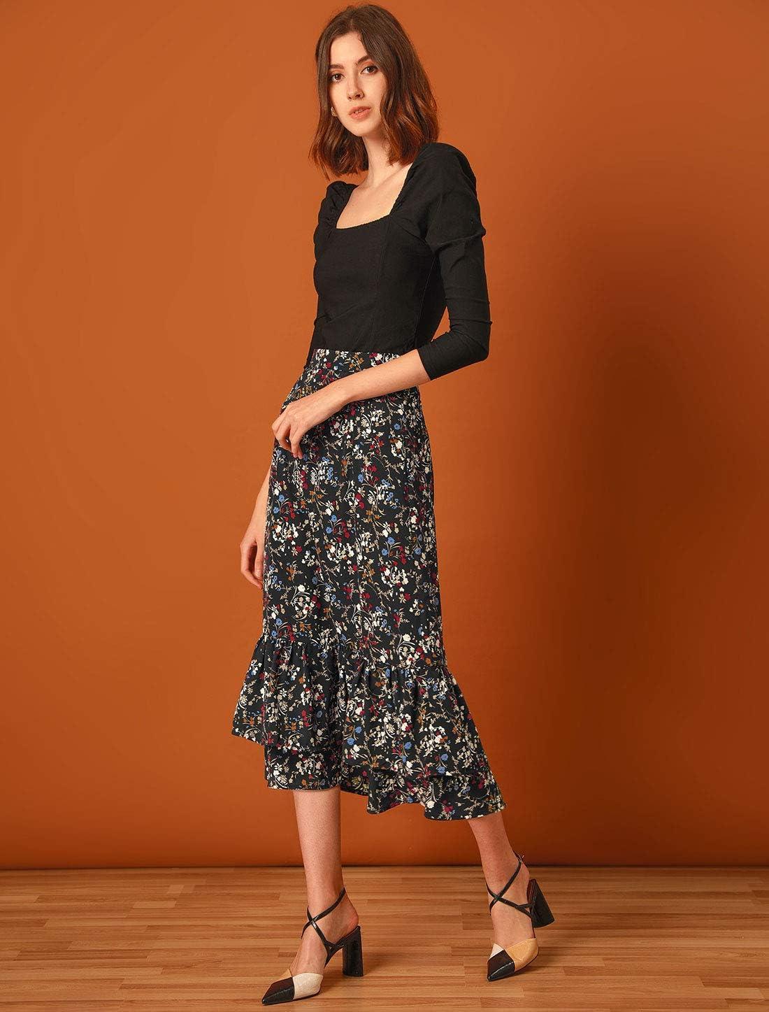 imageAllegra K Womens Printed Skirt 2025 Weekend Trendy Summer Chiffon Ruffle Tiered Flowy Midi SkirtsBlackfloral