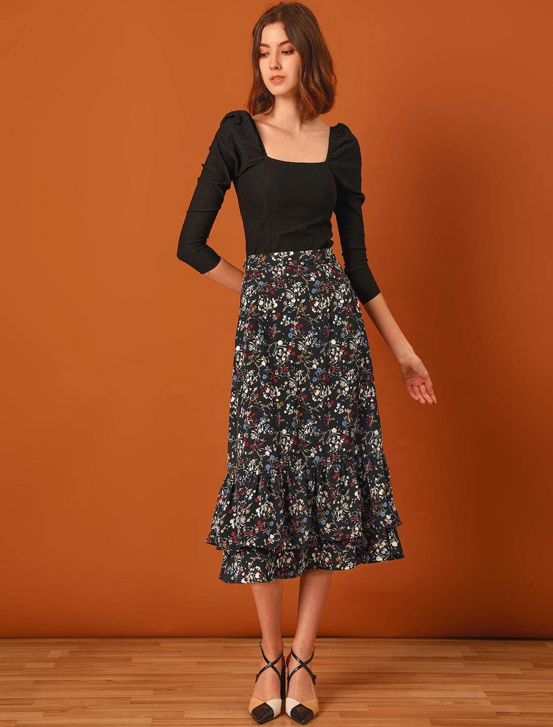 imageAllegra K Womens Printed Skirt 2025 Weekend Trendy Summer Chiffon Ruffle Tiered Flowy Midi SkirtsBlackfloral