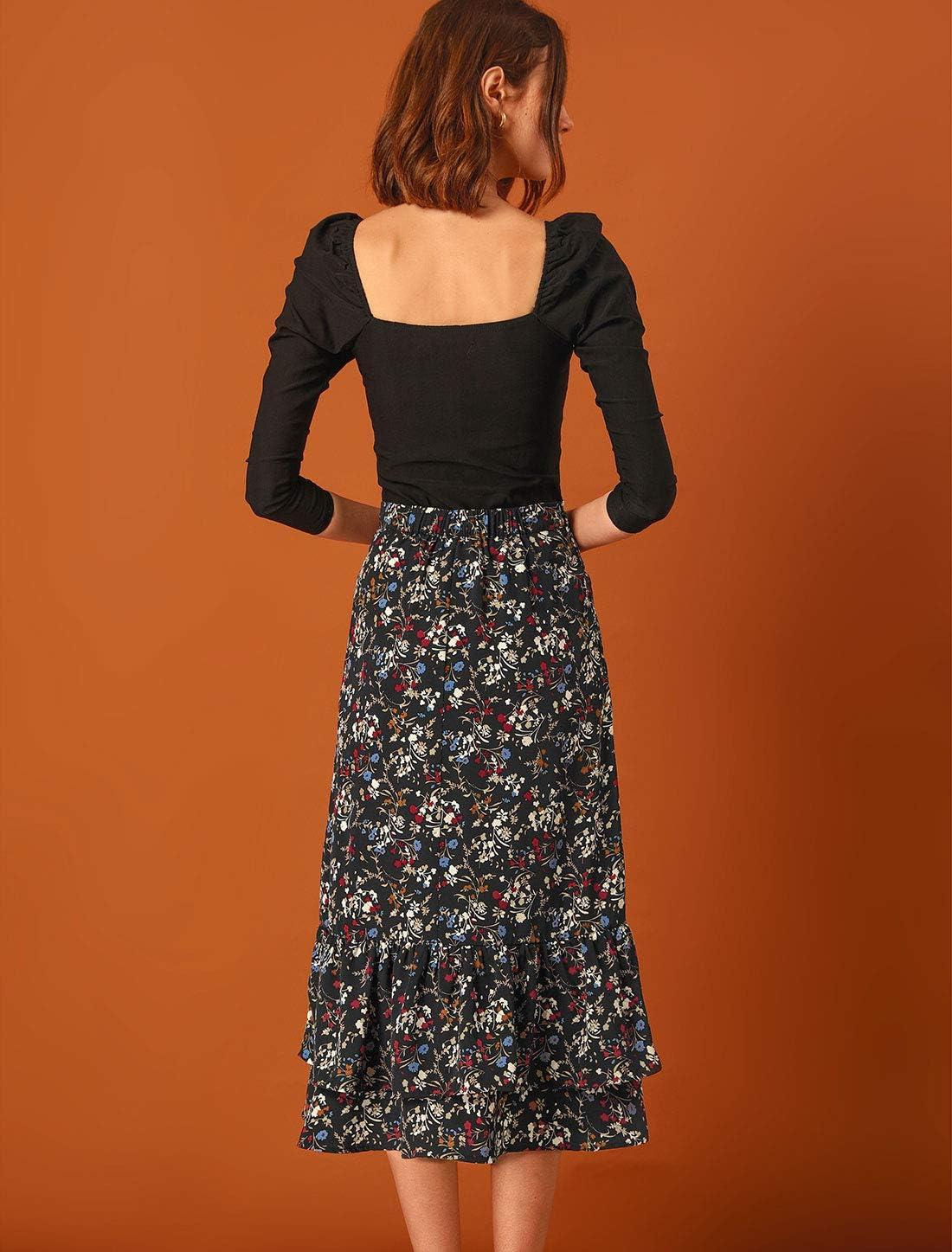 imageAllegra K Womens Printed Skirt 2025 Weekend Trendy Summer Chiffon Ruffle Tiered Flowy Midi SkirtsBlackfloral