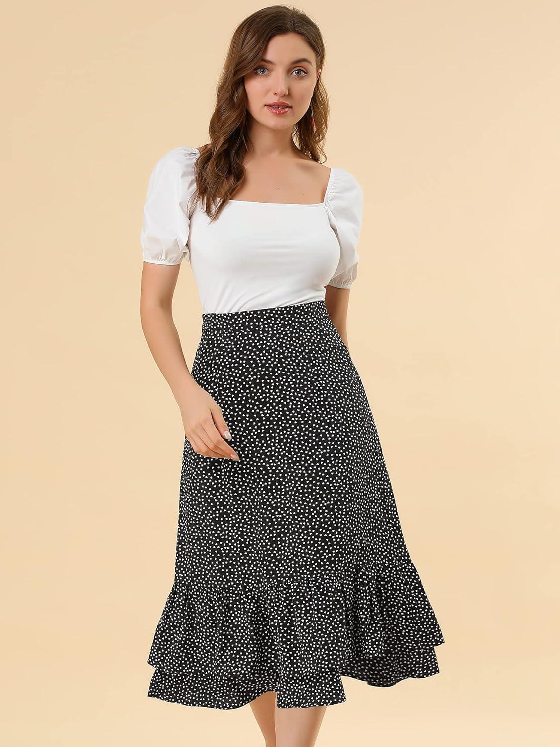 imageAllegra K Womens Printed Skirt 2025 Weekend Trendy Summer Chiffon Ruffle Tiered Flowy Midi SkirtsBlackheart