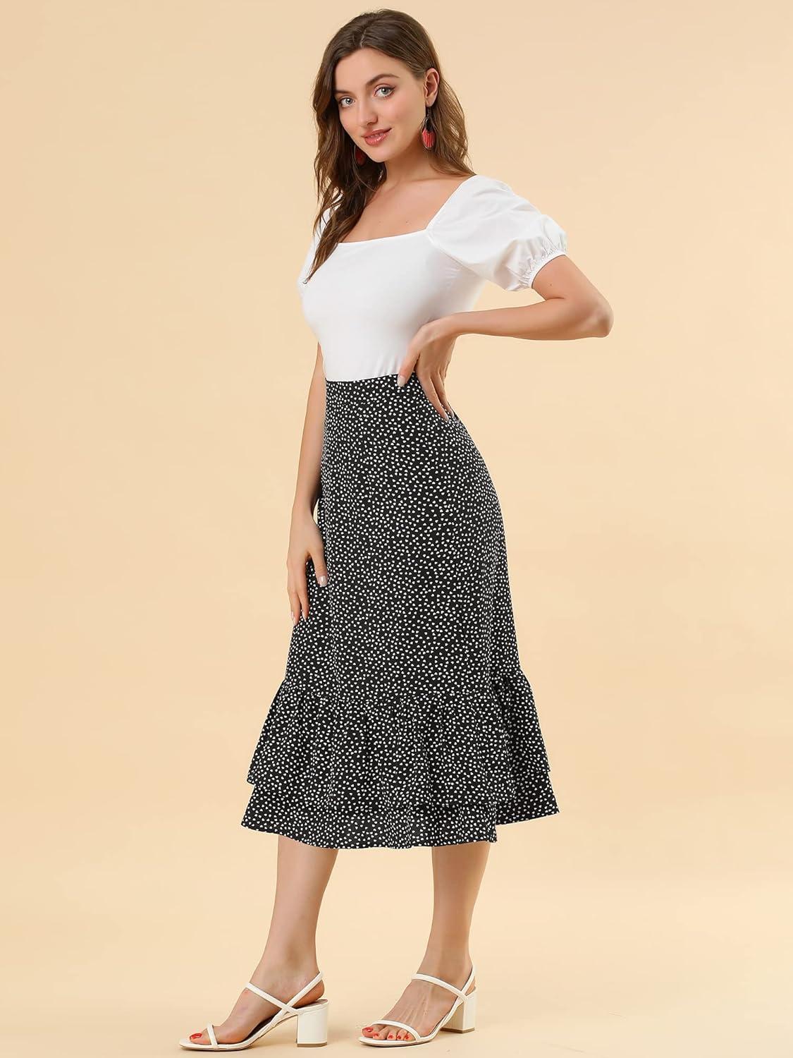 imageAllegra K Womens Printed Skirt 2025 Weekend Trendy Summer Chiffon Ruffle Tiered Flowy Midi SkirtsBlackheart