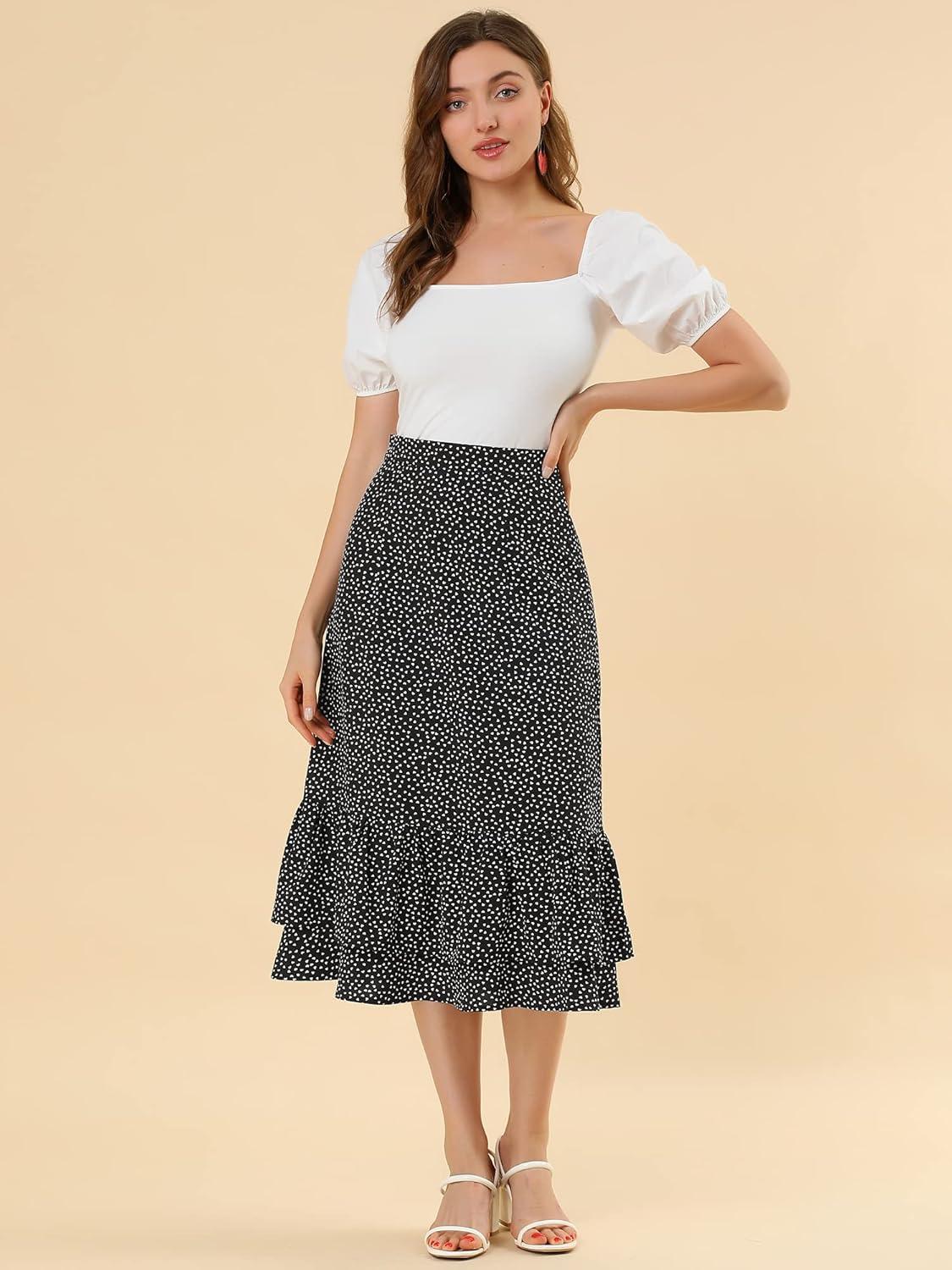 imageAllegra K Womens Printed Skirt 2025 Weekend Trendy Summer Chiffon Ruffle Tiered Flowy Midi SkirtsBlackheart