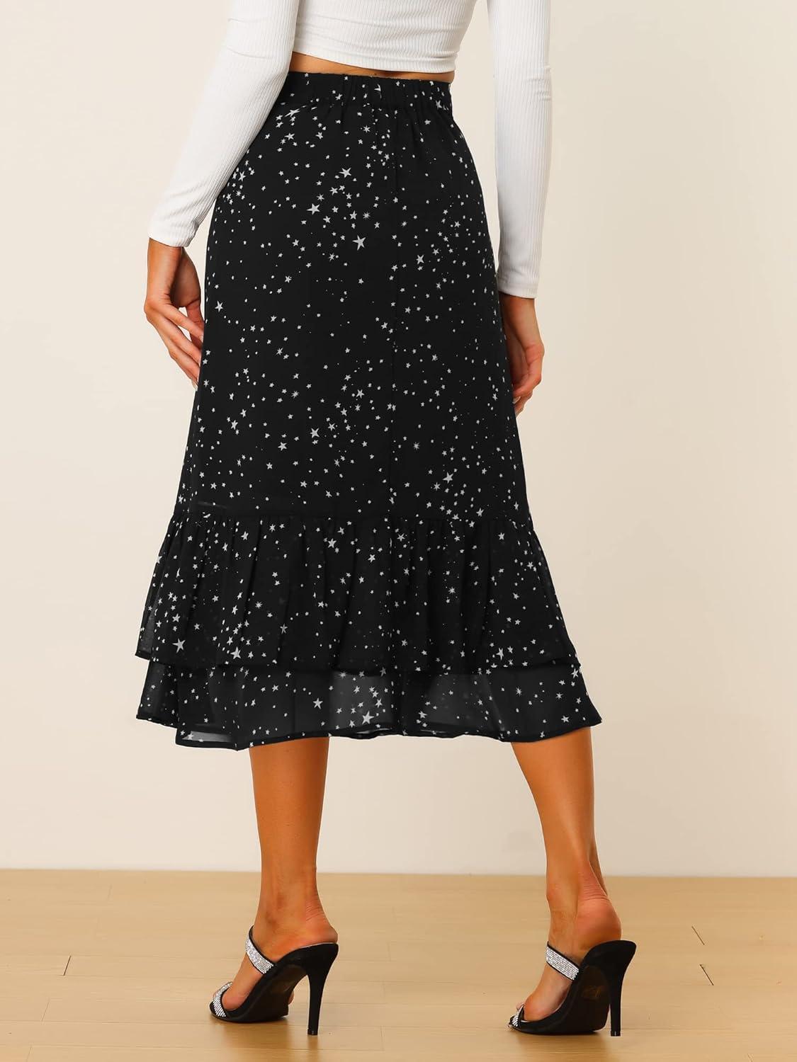 imageAllegra K Womens Printed Skirt 2025 Weekend Trendy Summer Chiffon Ruffle Tiered Flowy Midi SkirtsBlackstar