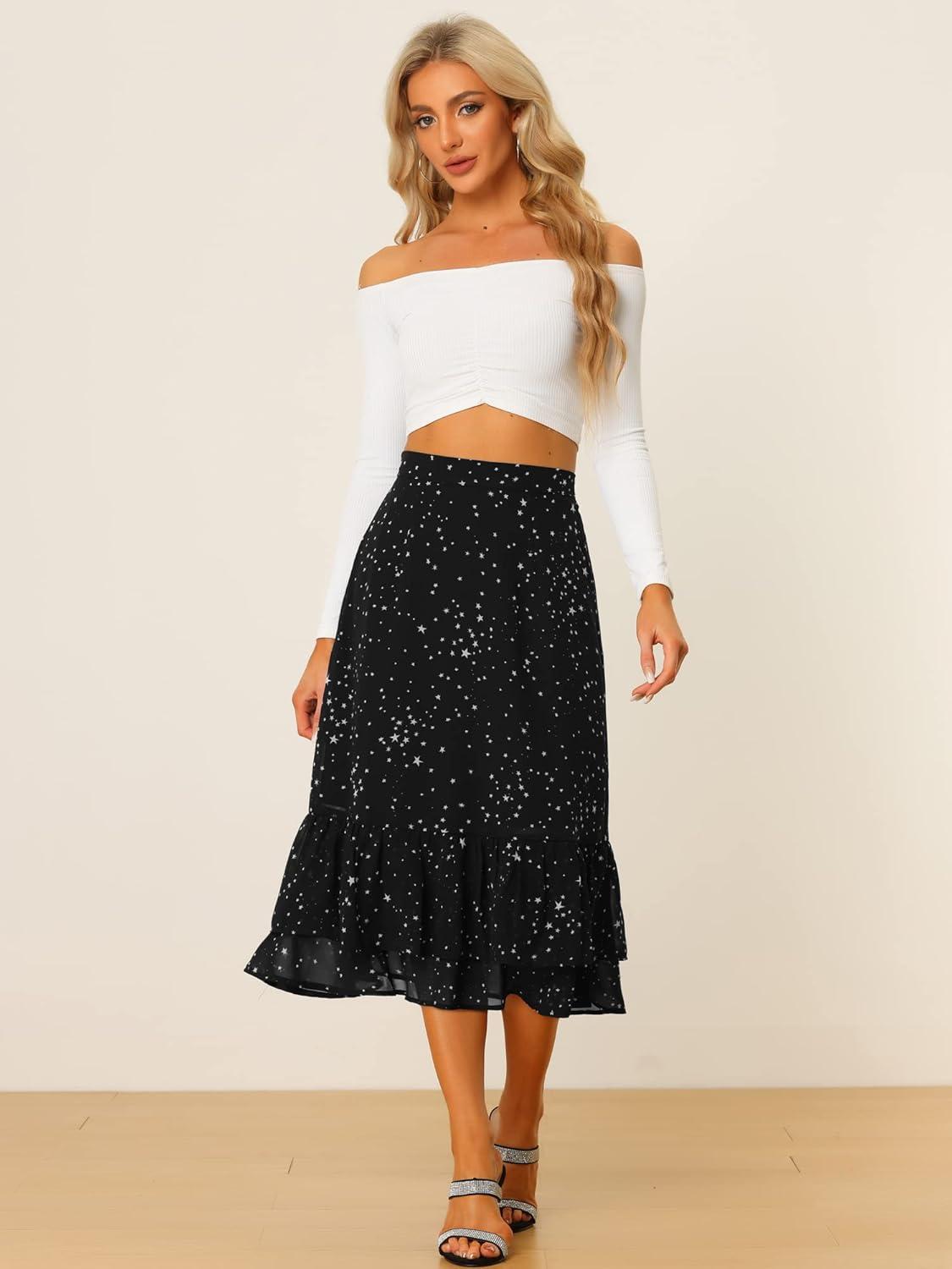 imageAllegra K Womens Printed Skirt 2025 Weekend Trendy Summer Chiffon Ruffle Tiered Flowy Midi SkirtsBlackstar