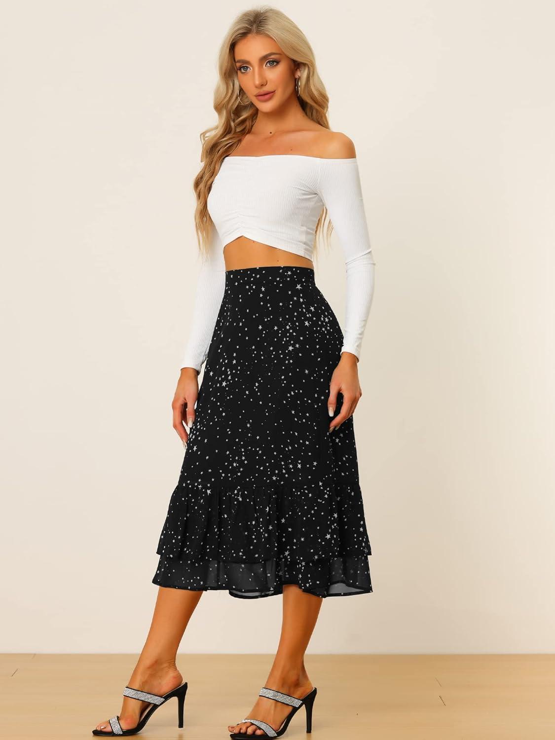 imageAllegra K Womens Printed Skirt 2025 Weekend Trendy Summer Chiffon Ruffle Tiered Flowy Midi SkirtsBlackstar