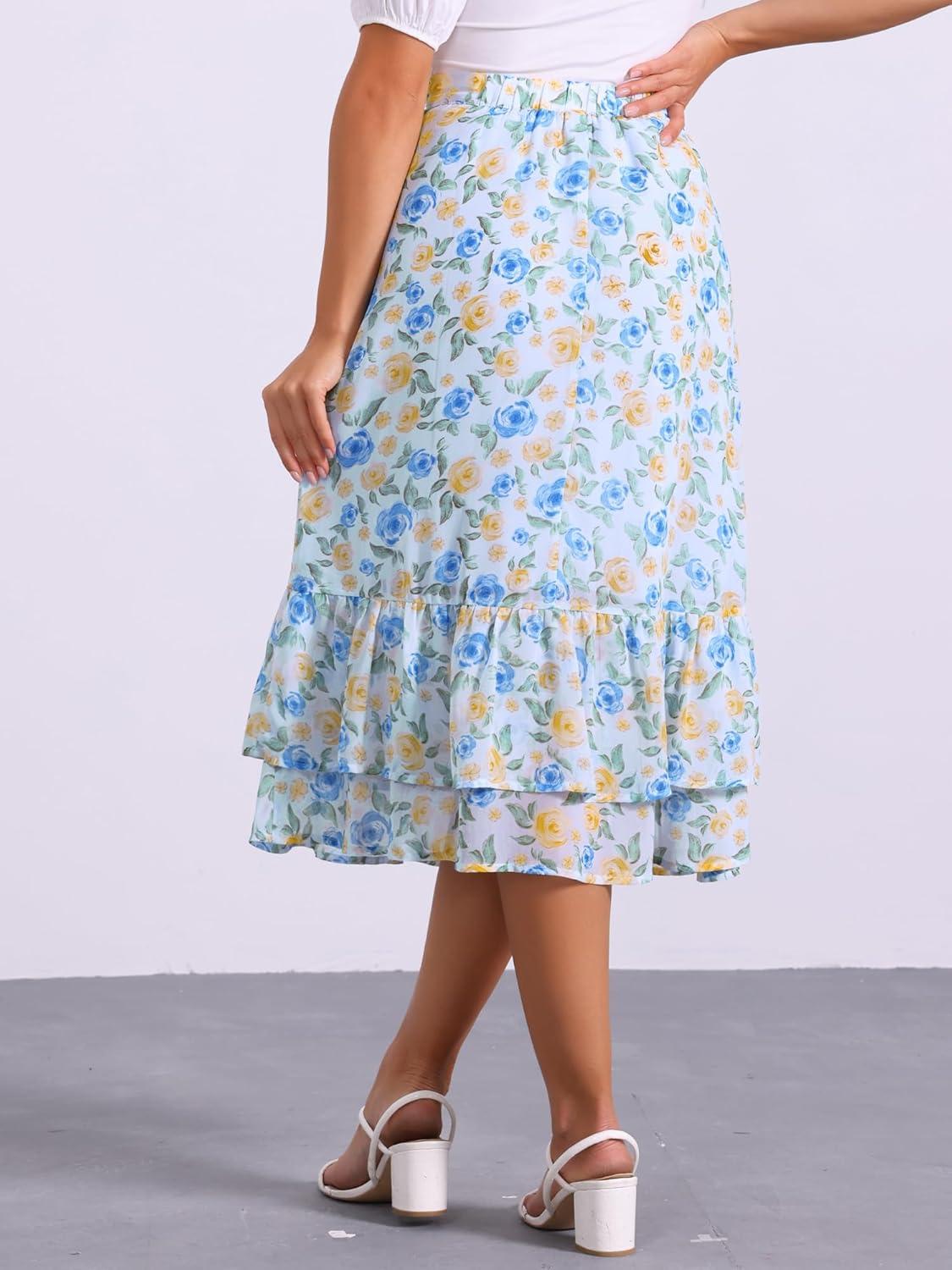 imageAllegra K Womens Printed Skirt 2025 Weekend Trendy Summer Chiffon Ruffle Tiered Flowy Midi SkirtsBlue Beigefloral