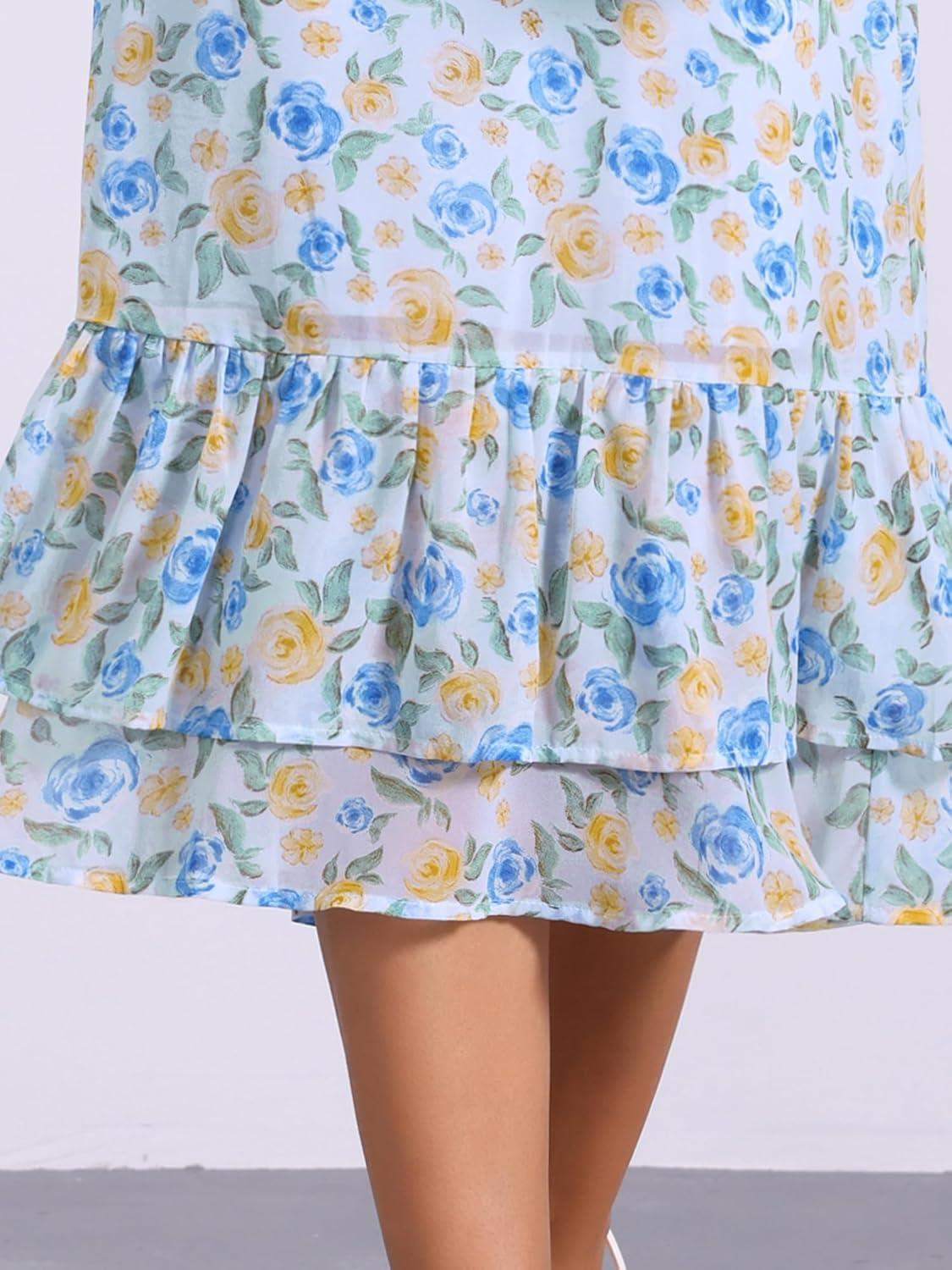 imageAllegra K Womens Printed Skirt 2025 Weekend Trendy Summer Chiffon Ruffle Tiered Flowy Midi SkirtsBlue Beigefloral