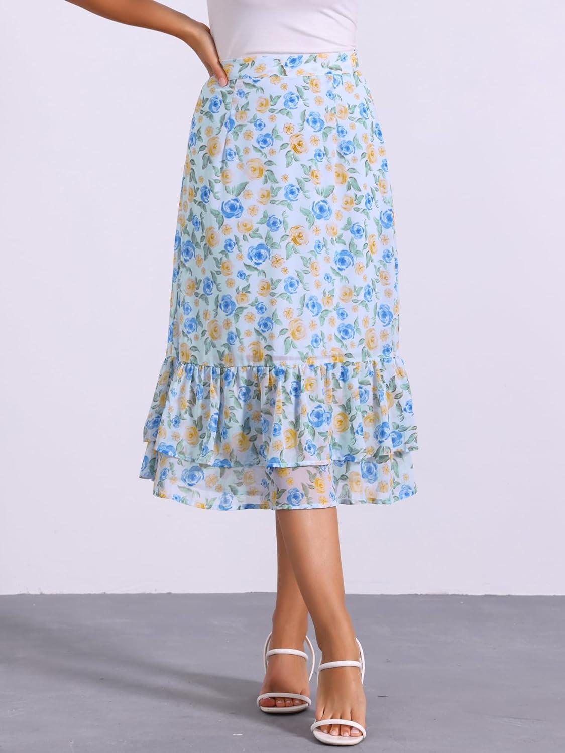 imageAllegra K Womens Printed Skirt 2025 Weekend Trendy Summer Chiffon Ruffle Tiered Flowy Midi SkirtsBlue Beigefloral