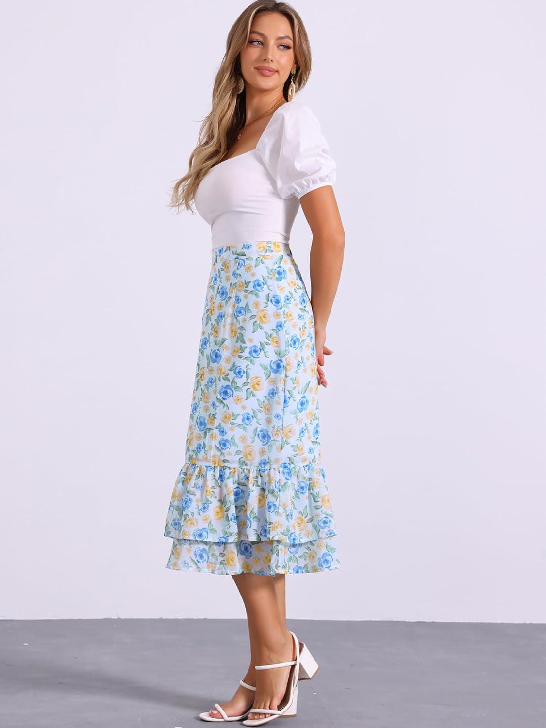imageAllegra K Womens Printed Skirt 2025 Weekend Trendy Summer Chiffon Ruffle Tiered Flowy Midi SkirtsBlue Beigefloral