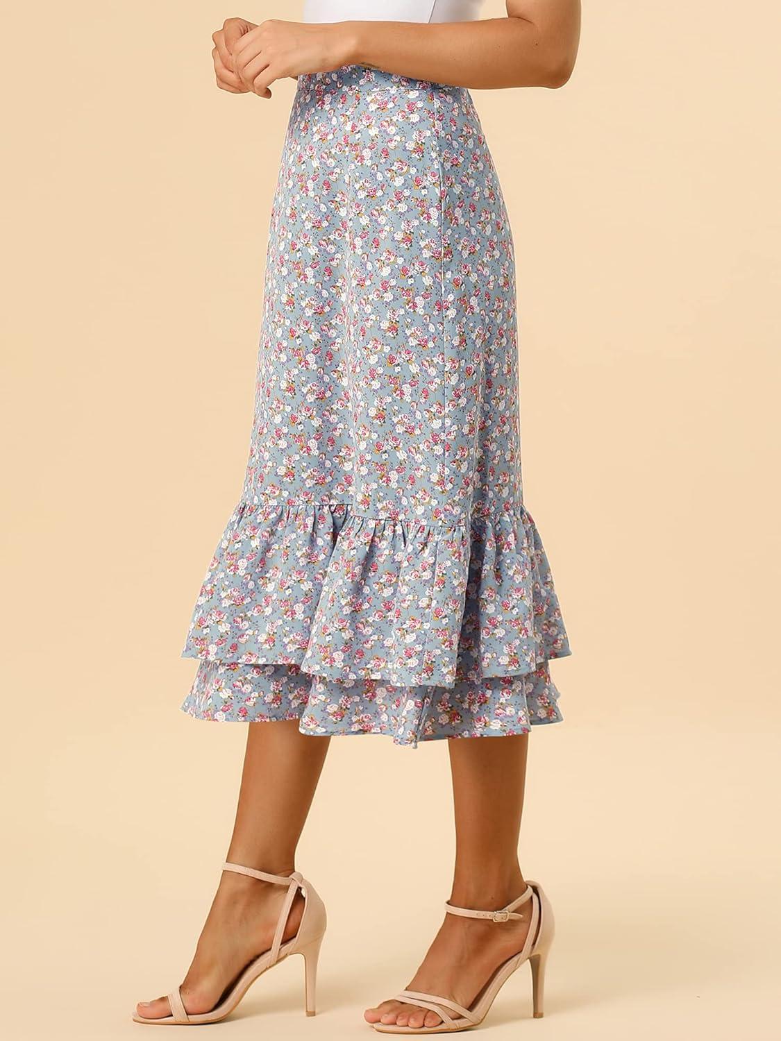 imageAllegra K Womens Printed Skirt 2025 Weekend Trendy Summer Chiffon Ruffle Tiered Flowy Midi SkirtsBlue Greyfloral