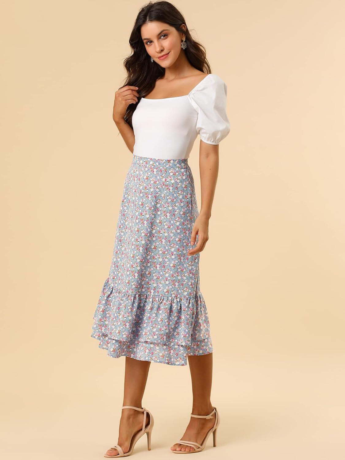 imageAllegra K Womens Printed Skirt 2025 Weekend Trendy Summer Chiffon Ruffle Tiered Flowy Midi SkirtsBlue Greyfloral