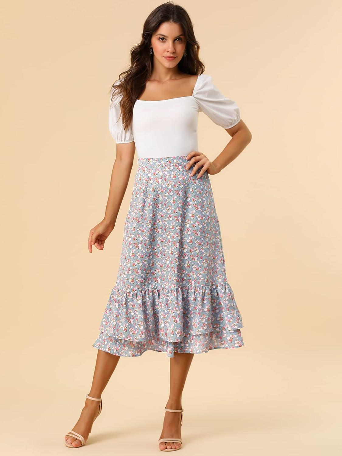 imageAllegra K Womens Printed Skirt 2025 Weekend Trendy Summer Chiffon Ruffle Tiered Flowy Midi SkirtsBlue Greyfloral