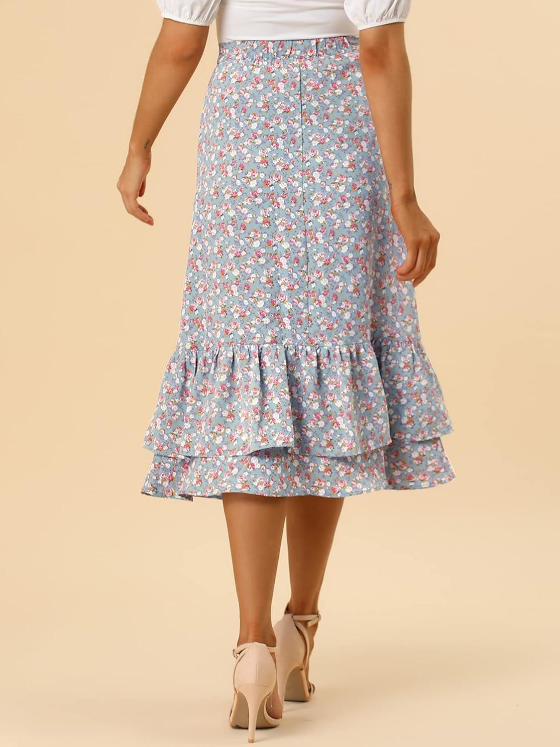 imageAllegra K Womens Printed Skirt 2025 Weekend Trendy Summer Chiffon Ruffle Tiered Flowy Midi SkirtsBlue Greyfloral