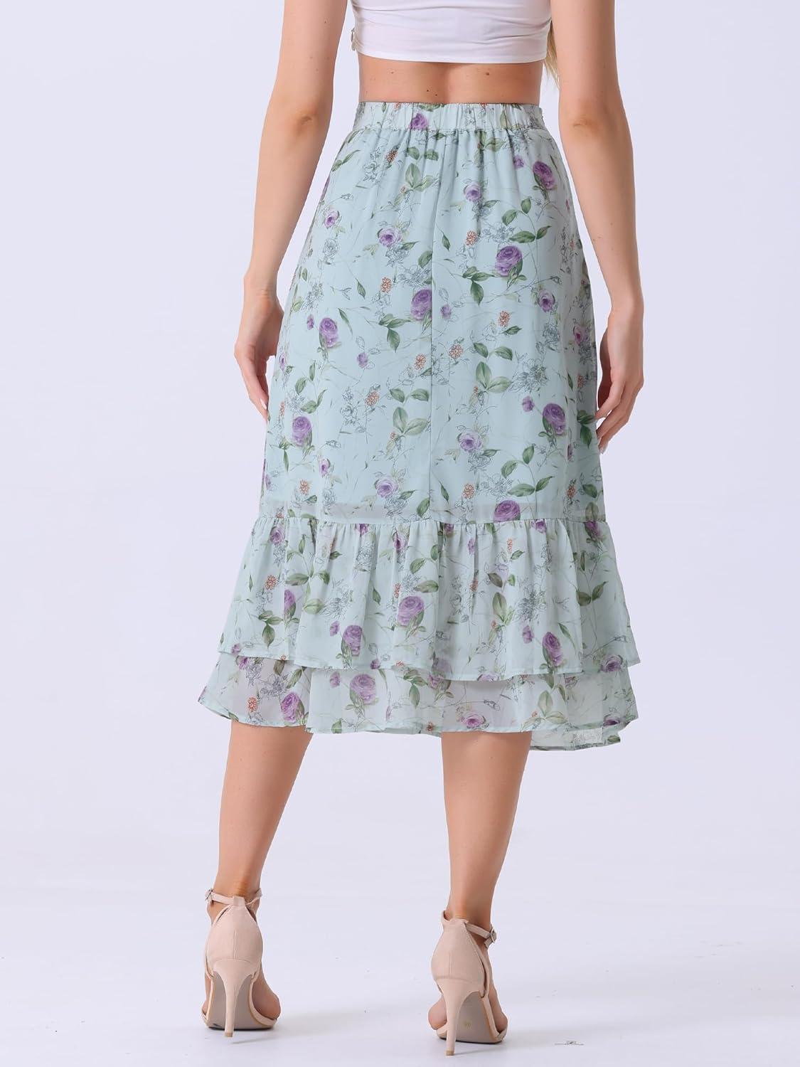 imageAllegra K Womens Printed Skirt 2025 Weekend Trendy Summer Chiffon Ruffle Tiered Flowy Midi SkirtsBlue Purplefloral