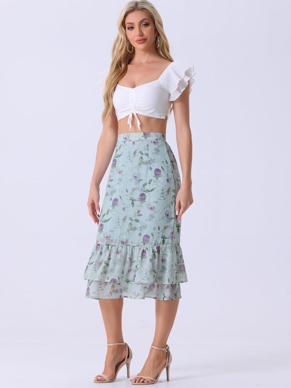imageAllegra K Womens Printed Skirt 2025 Weekend Trendy Summer Chiffon Ruffle Tiered Flowy Midi SkirtsBlue Purplefloral