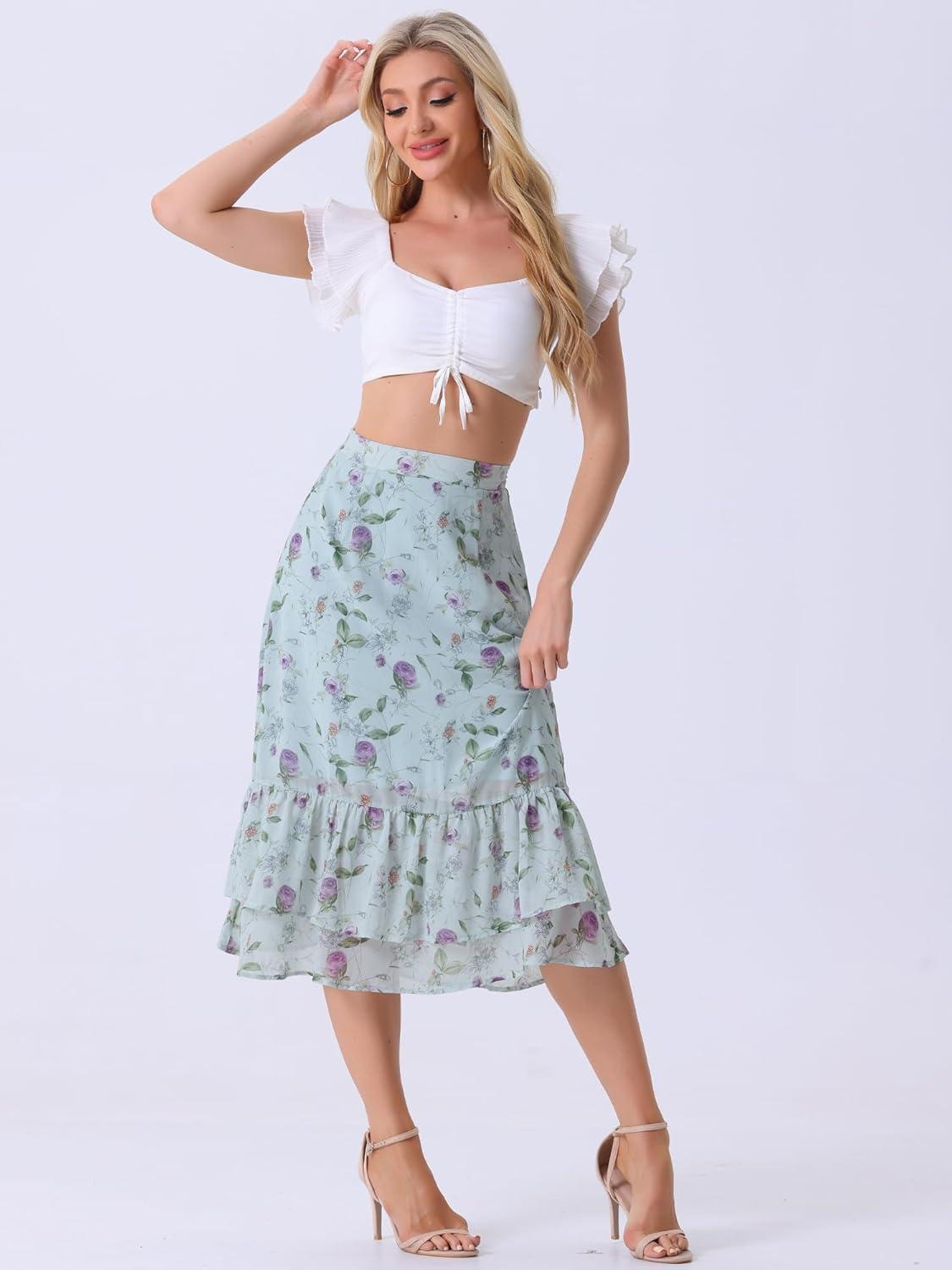 imageAllegra K Womens Printed Skirt 2025 Weekend Trendy Summer Chiffon Ruffle Tiered Flowy Midi SkirtsBlue Purplefloral