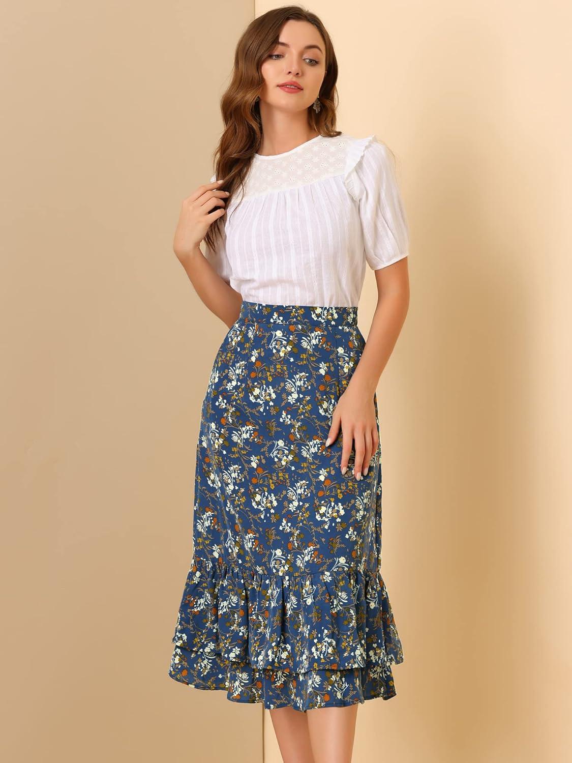 imageAllegra K Womens Printed Skirt 2025 Weekend Trendy Summer Chiffon Ruffle Tiered Flowy Midi SkirtsBluefloral