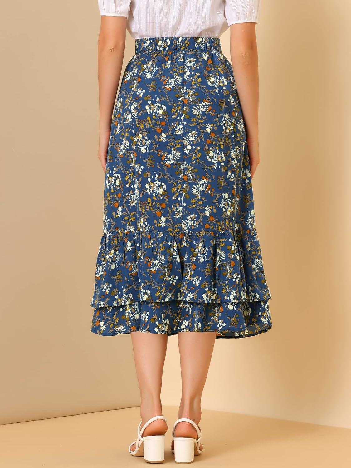 imageAllegra K Womens Printed Skirt 2025 Weekend Trendy Summer Chiffon Ruffle Tiered Flowy Midi SkirtsBluefloral