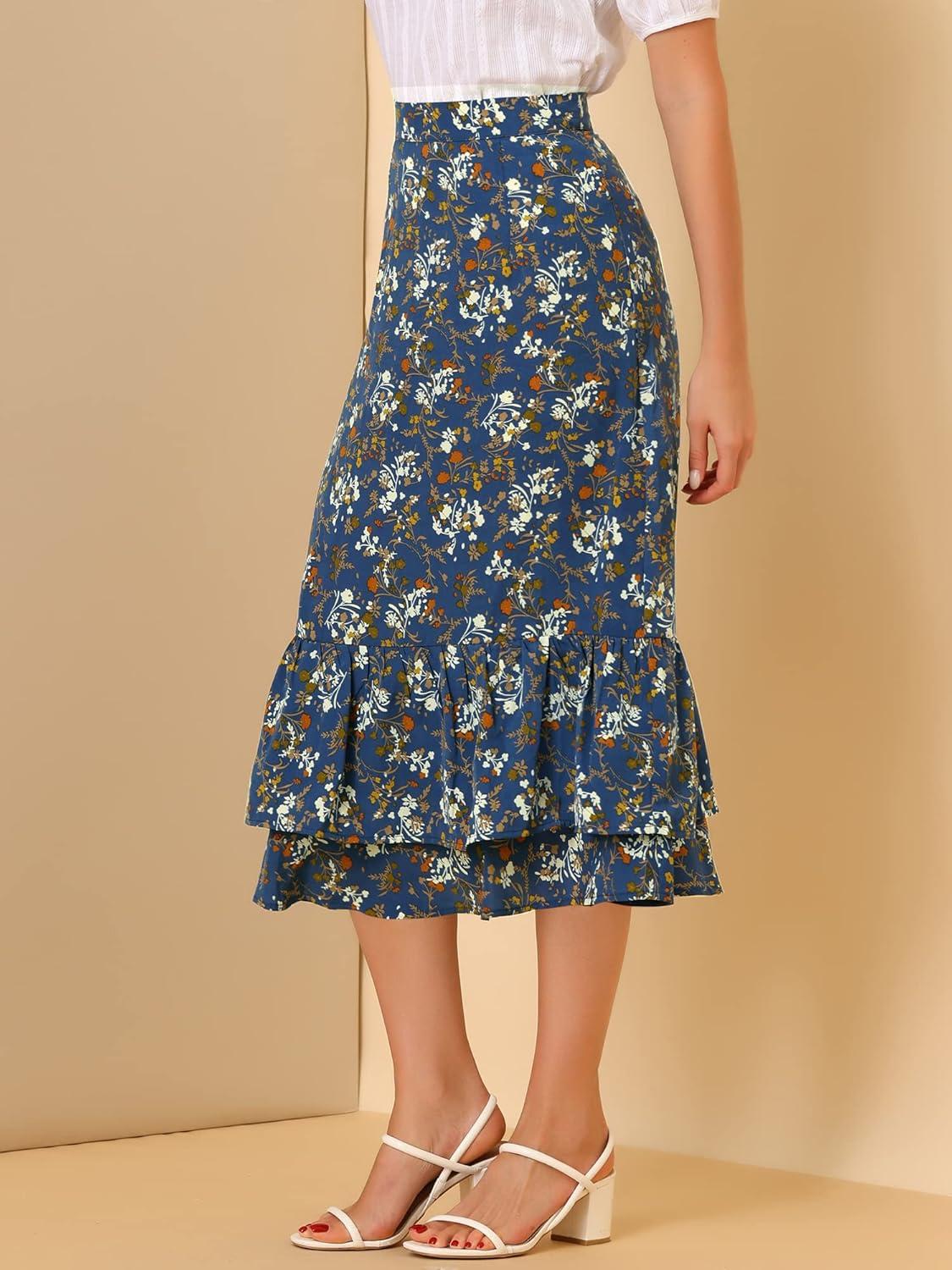 imageAllegra K Womens Printed Skirt 2025 Weekend Trendy Summer Chiffon Ruffle Tiered Flowy Midi SkirtsBluefloral