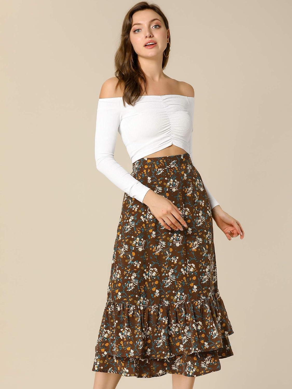 imageAllegra K Womens Printed Skirt 2025 Weekend Trendy Summer Chiffon Ruffle Tiered Flowy Midi SkirtsBrownfloral