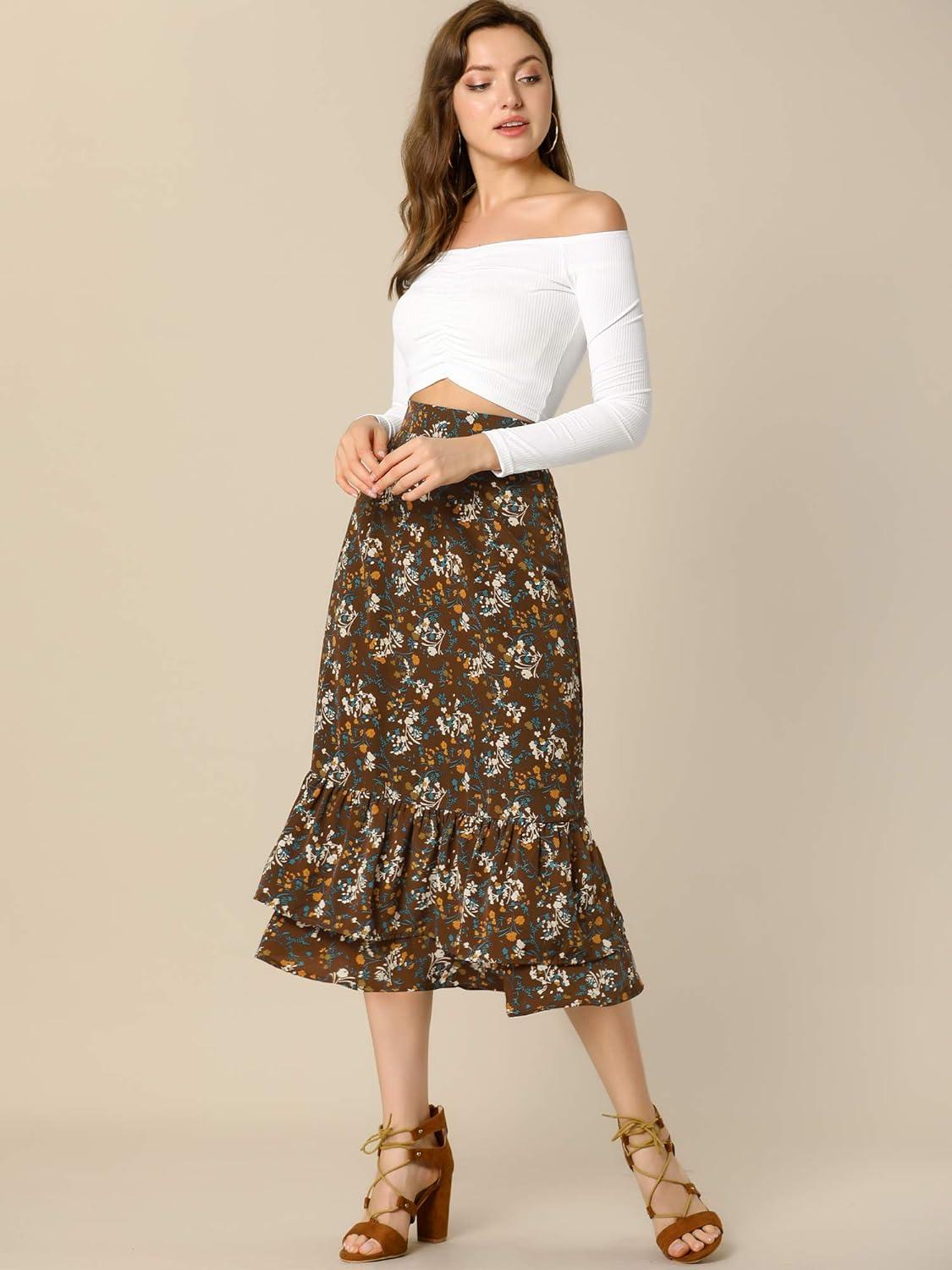 imageAllegra K Womens Printed Skirt 2025 Weekend Trendy Summer Chiffon Ruffle Tiered Flowy Midi SkirtsBrownfloral