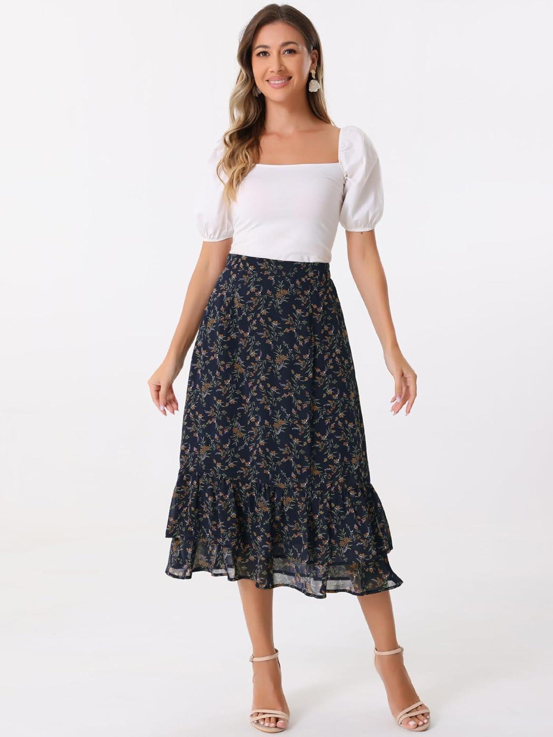 imageAllegra K Womens Printed Skirt 2025 Weekend Trendy Summer Chiffon Ruffle Tiered Flowy Midi SkirtsDark Blue Orangefloral