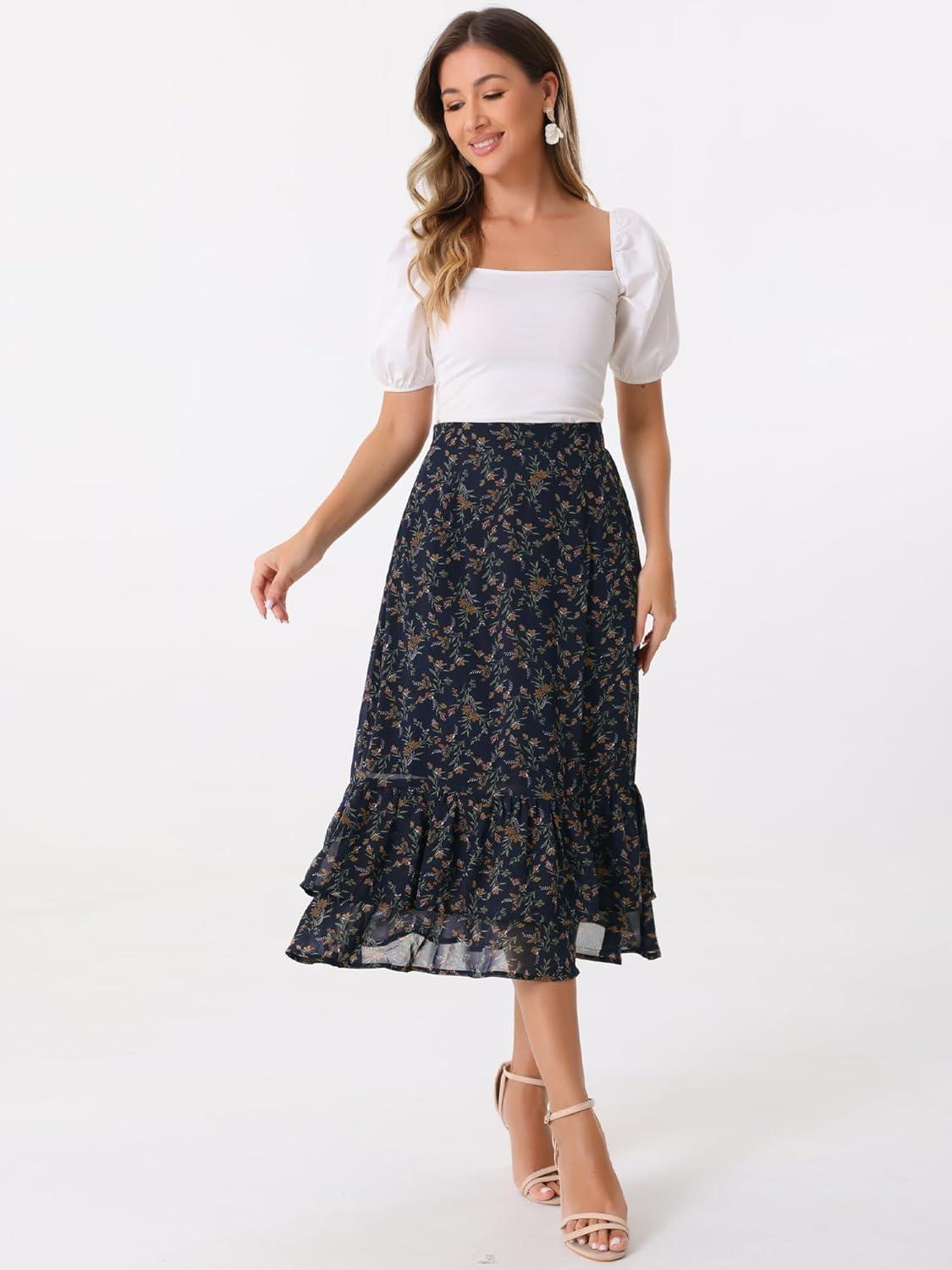 imageAllegra K Womens Printed Skirt 2025 Weekend Trendy Summer Chiffon Ruffle Tiered Flowy Midi SkirtsDark Blue Orangefloral