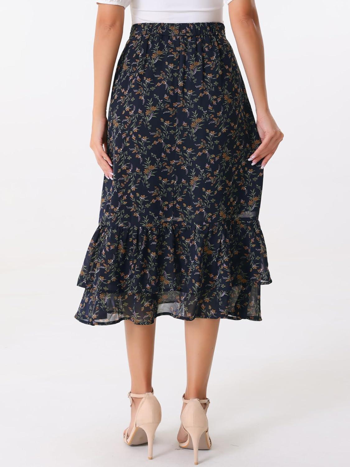 imageAllegra K Womens Printed Skirt 2025 Weekend Trendy Summer Chiffon Ruffle Tiered Flowy Midi SkirtsDark Blue Orangefloral