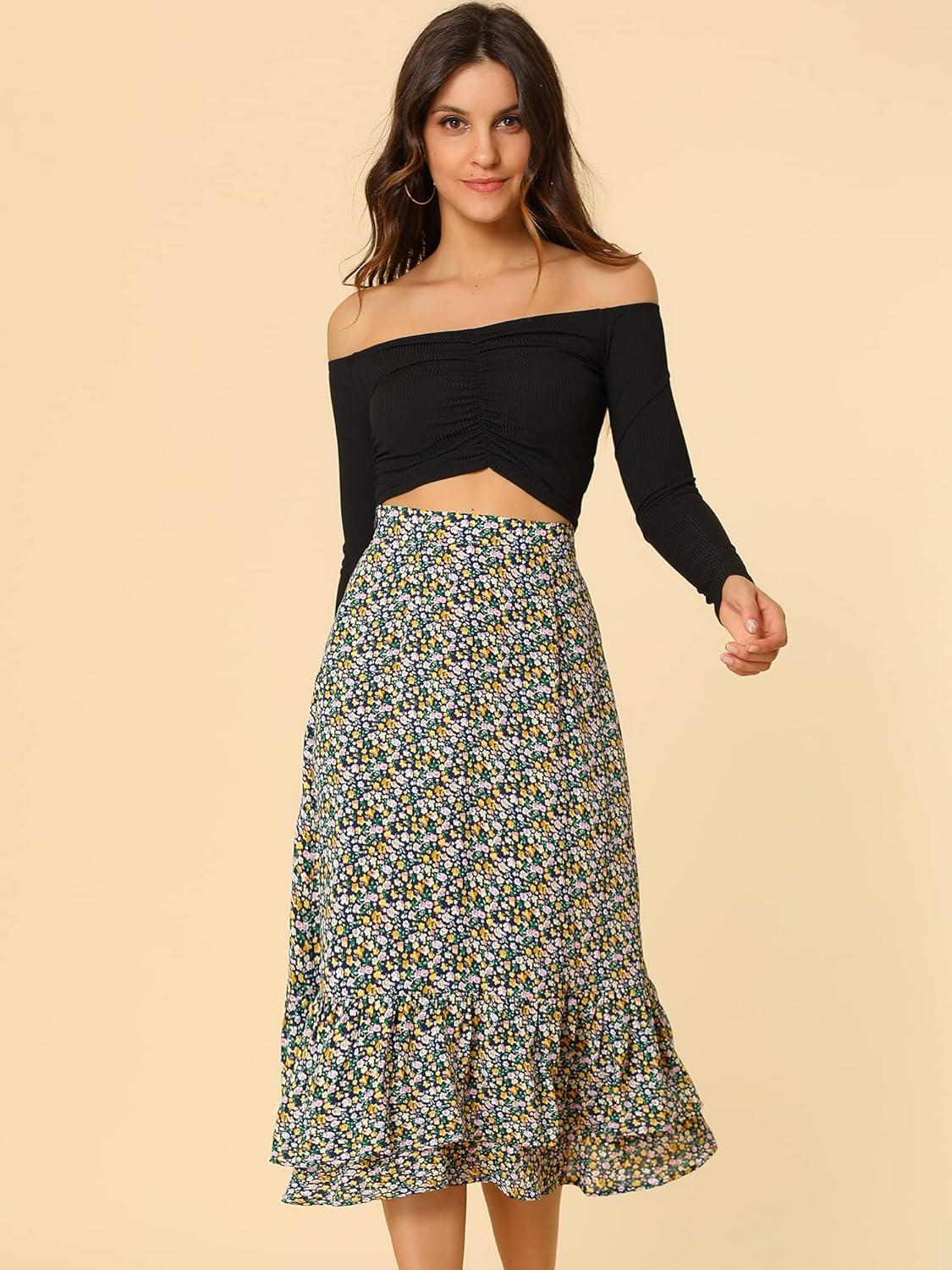imageAllegra K Womens Printed Skirt 2025 Weekend Trendy Summer Chiffon Ruffle Tiered Flowy Midi SkirtsDark Bluefloral