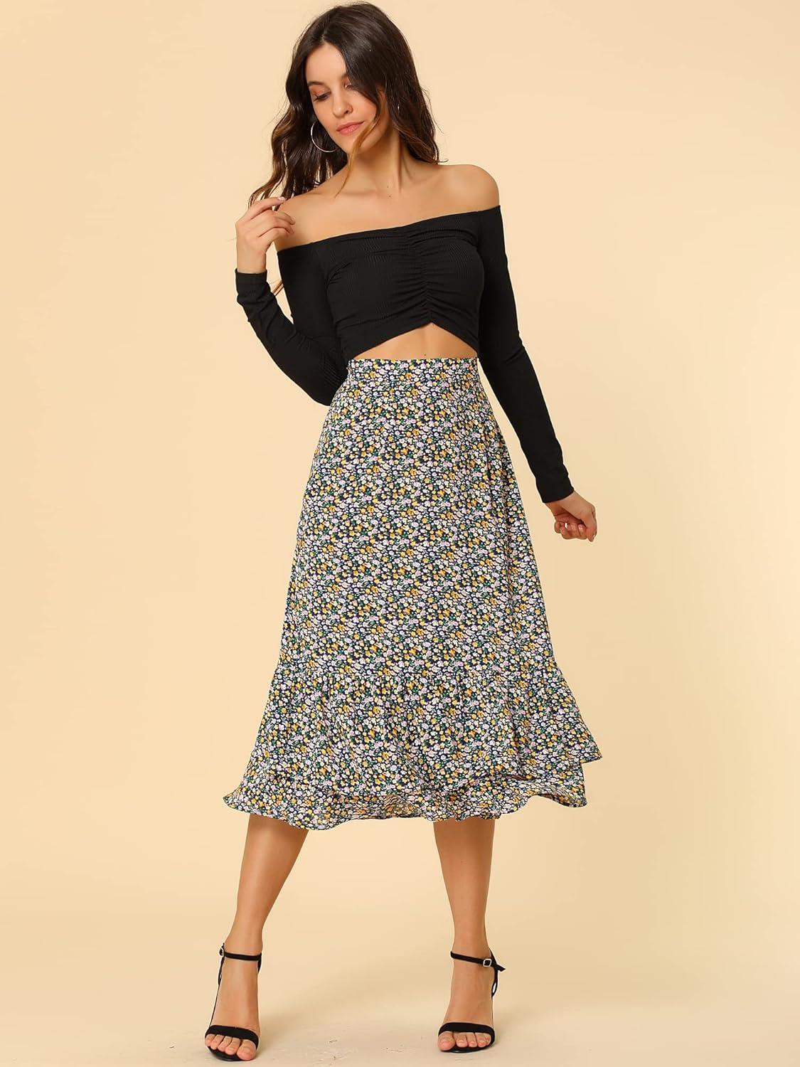 imageAllegra K Womens Printed Skirt 2025 Weekend Trendy Summer Chiffon Ruffle Tiered Flowy Midi SkirtsDark Bluefloral